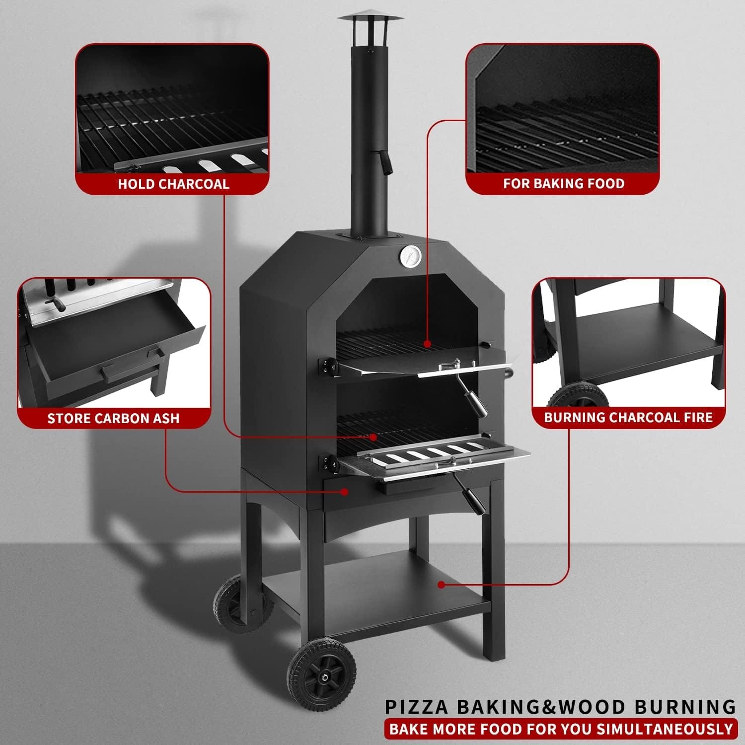 Outdoor Pizza Oven Wood Fire Wood Fired Pizza Oven for Outside with Waterproof Cover, 12 Pizza Stone, Pizza Spatula and 4pcs Grill Rack by DNKMOR