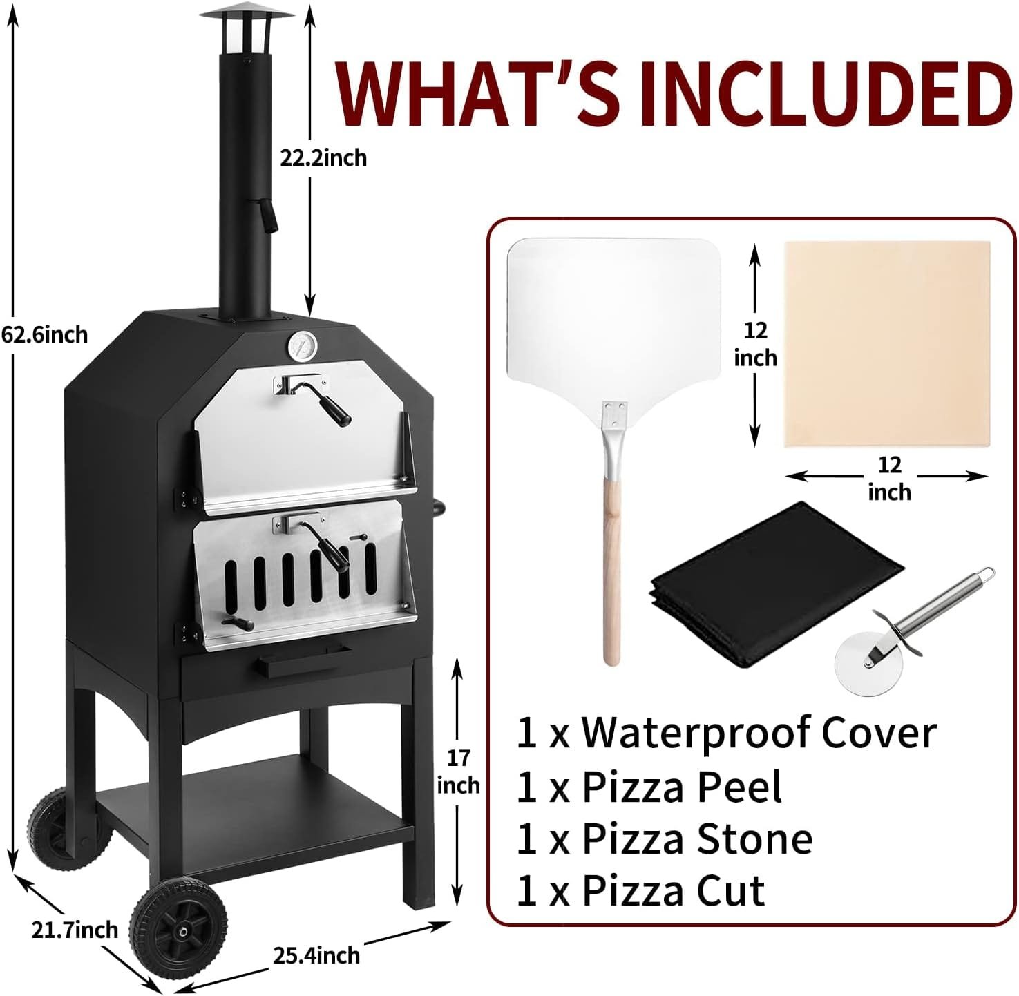Outdoor Pizza Oven Wood Fire Wood Fired Pizza Oven for Outside with Waterproof Cover, 12 Pizza Stone, Pizza Spatula and 4pcs Grill Rack by DNKMOR