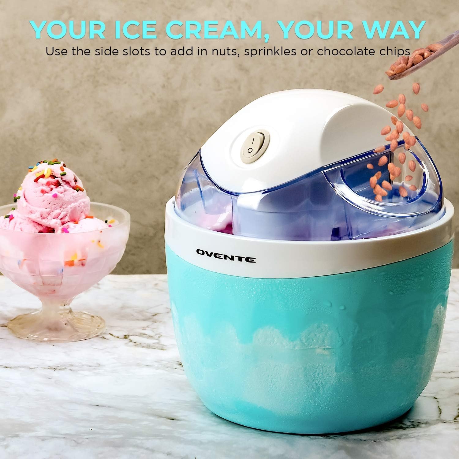 Ovente Electric Ice Cream Maker 1 Quart Freezer Bowl with Easy-Lock Lid, 15 Watt Healthy Homemade Sorbet Frozen Yogurt Making Mini Machine, Perfect Cold Summer Dessert for Kids  Party, Blue ICM110BL
