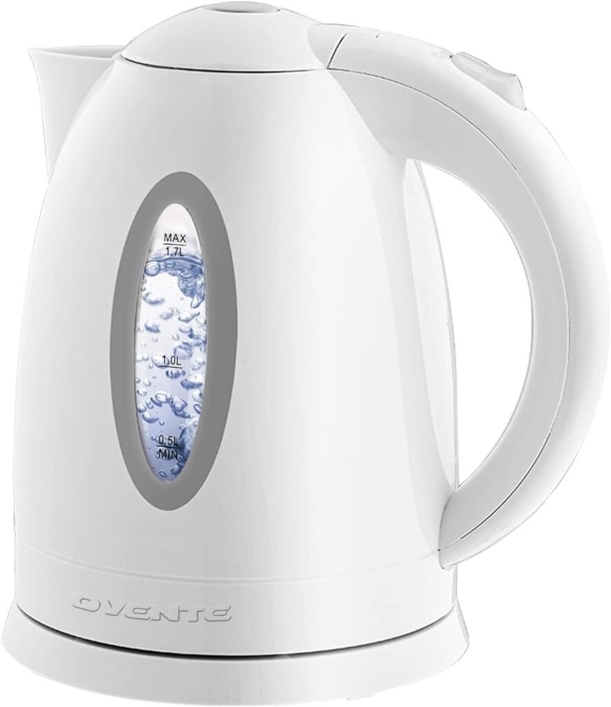 OVENTE Electric Kettle, Hot Water, Heater 1.7 Liter - BPA Free Fast Boiling Cordless Water Warmer - Auto Shut Off Instant Water Boiler for Coffee  Tea Pot - White KP72W
