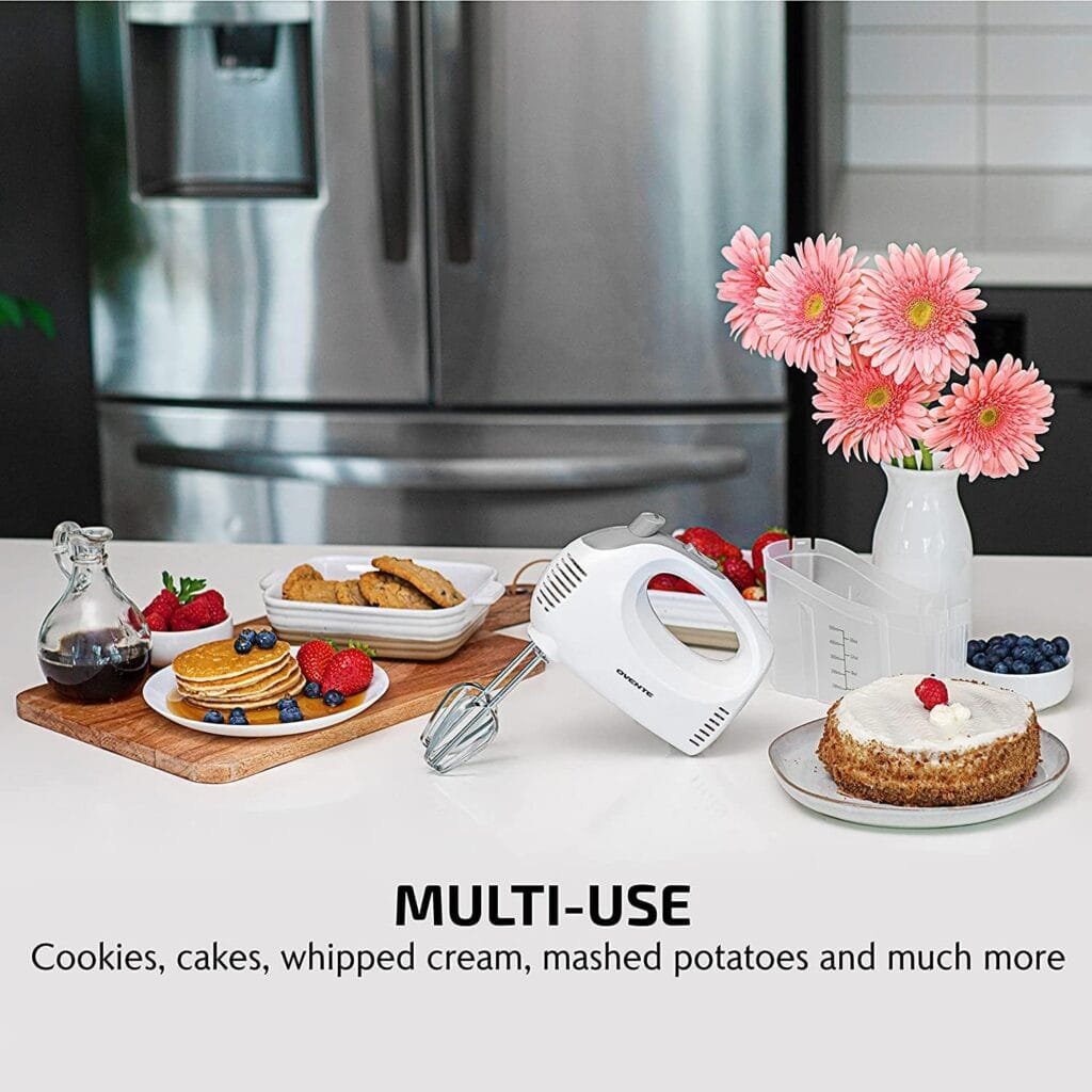 OVENTE Portable 5 Speed Mixing Electric Hand Mixer with Stainless Steel Whisk Beater Attachments  Snap Storage Case, Compact Lightweight 150 Watt Powerful Blender for Baking  Cooking, Red HM151R