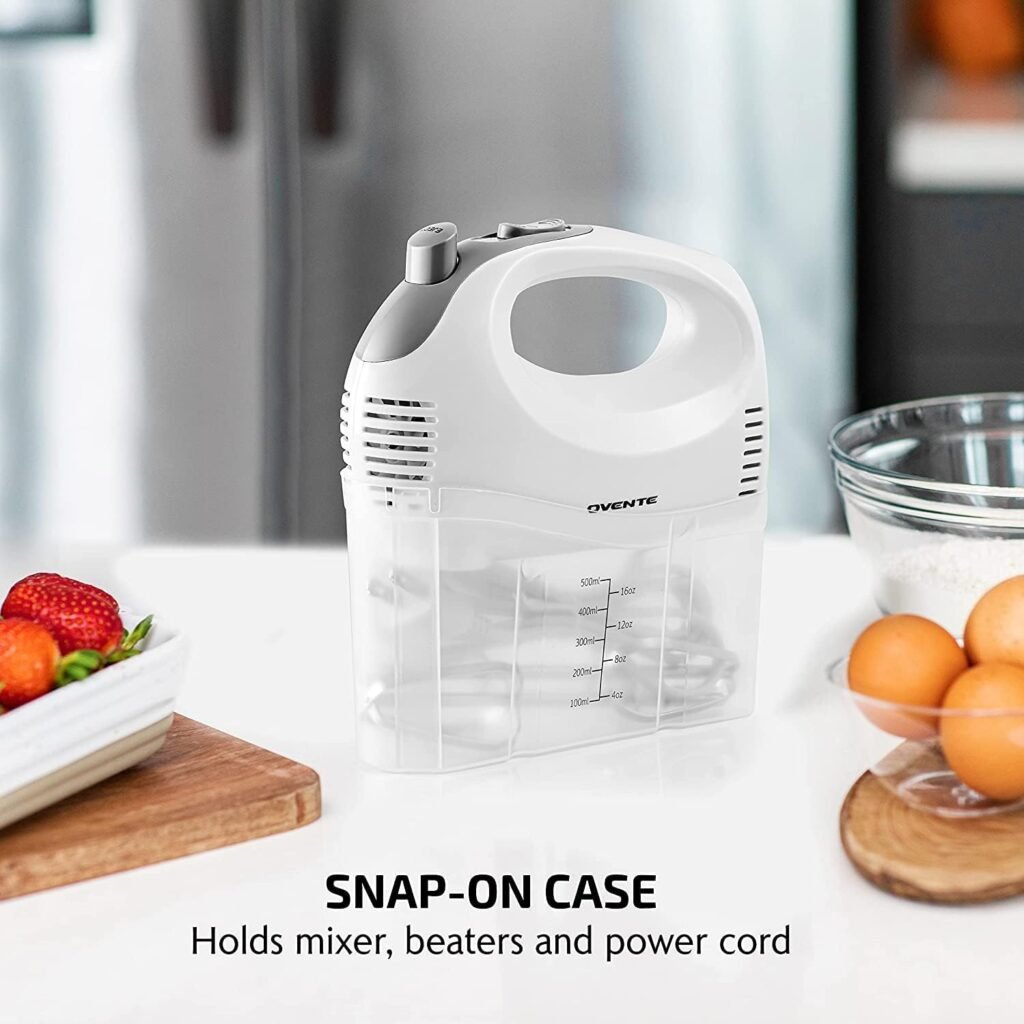 OVENTE Portable 5 Speed Mixing Electric Hand Mixer with Stainless Steel Whisk Beater Attachments  Snap Storage Case, Compact Lightweight 150 Watt Powerful Blender for Baking  Cooking, Red HM151R