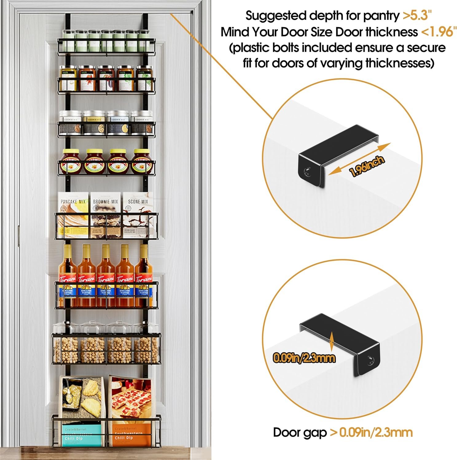 Over the Door Spice Rack Organizer Pantry, 8-Tier Hanging Pantry Door Storage with Detachable Metal Baskets  Wooden Boards for Kitchen, Bathroom, and Closet Organization