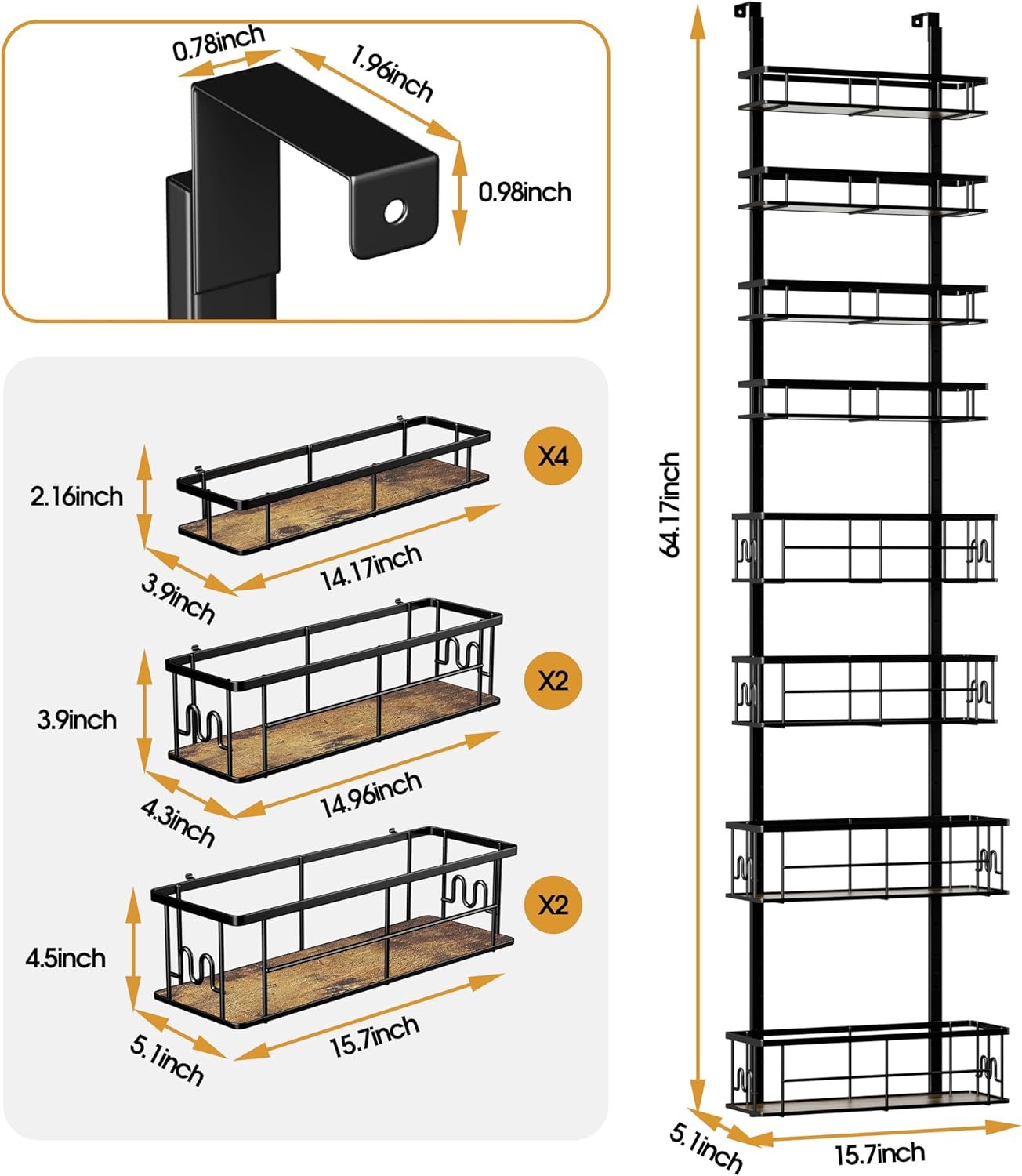 Over the Door Spice Rack Organizer Pantry, 8-Tier Hanging Pantry Door Storage with Detachable Metal Baskets  Wooden Boards for Kitchen, Bathroom, and Closet Organization