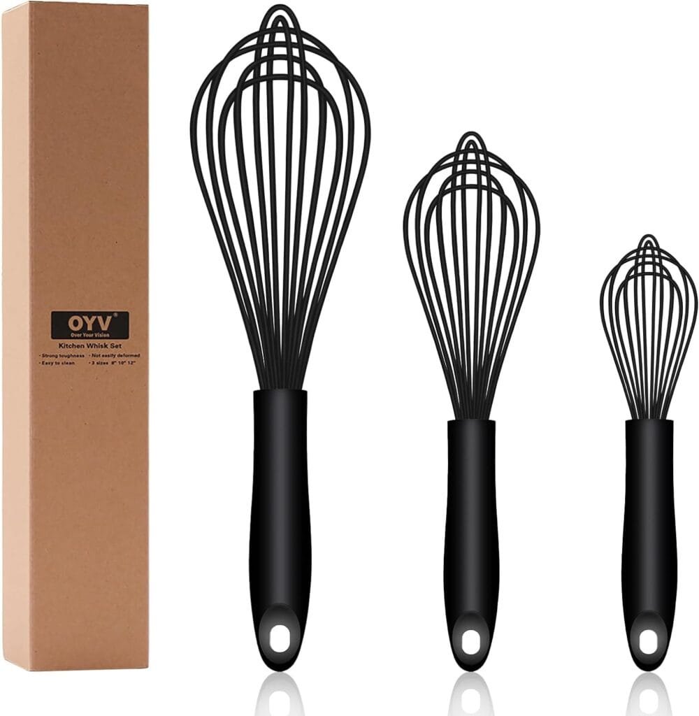 OYV Dishwasher Safe Silicone Whisk, Sealed Waterproof Design Set of 3, Professional Kitchen Whisks for Cooking Non-Scratch, Silicone  Stainless Steel Whisk, Heat Resistant Balloon Egg Beater, Black