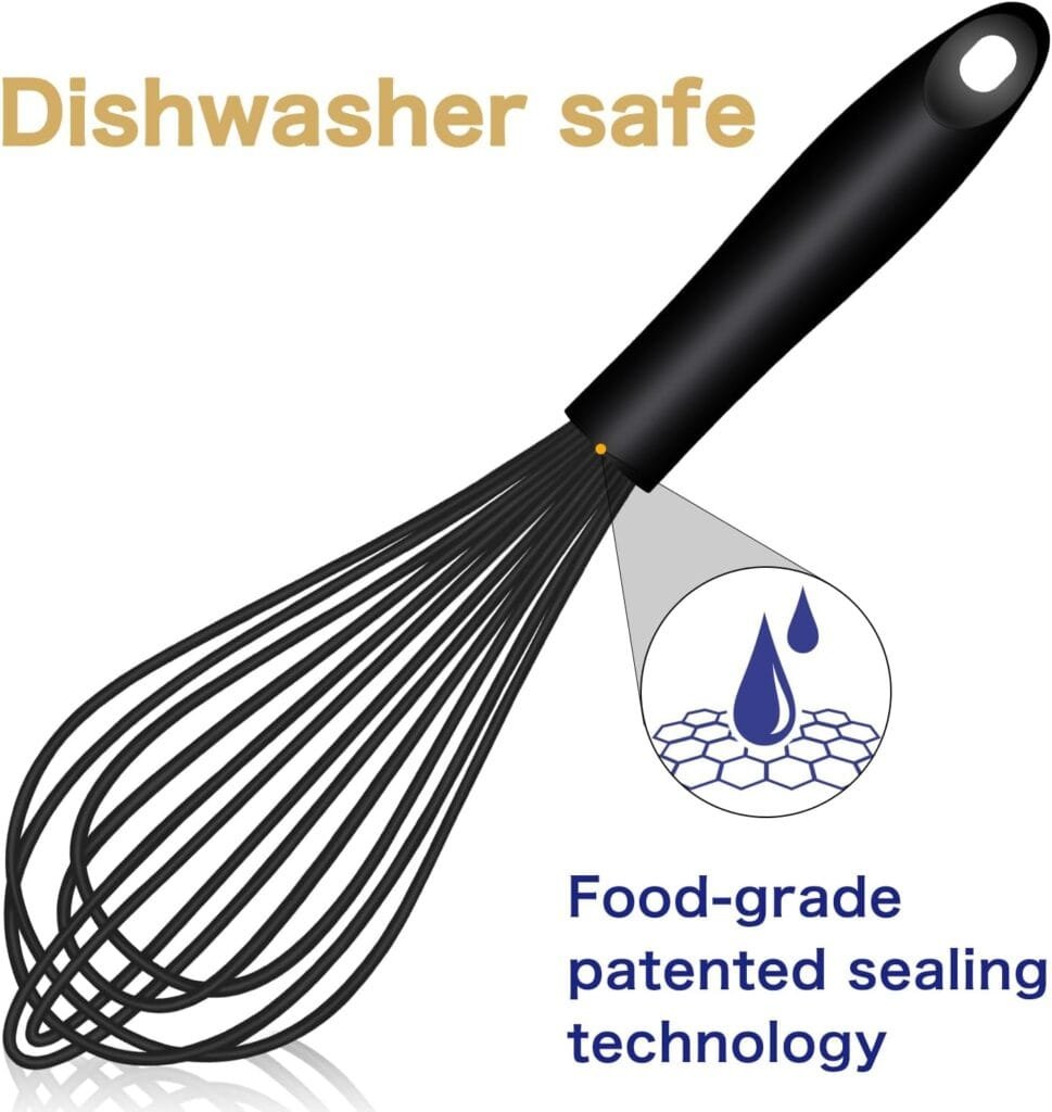 OYV Dishwasher Safe Silicone Whisk, Sealed Waterproof Design Set of 3, Professional Kitchen Whisks for Cooking Non-Scratch, Silicone  Stainless Steel Whisk, Heat Resistant Balloon Egg Beater, Black