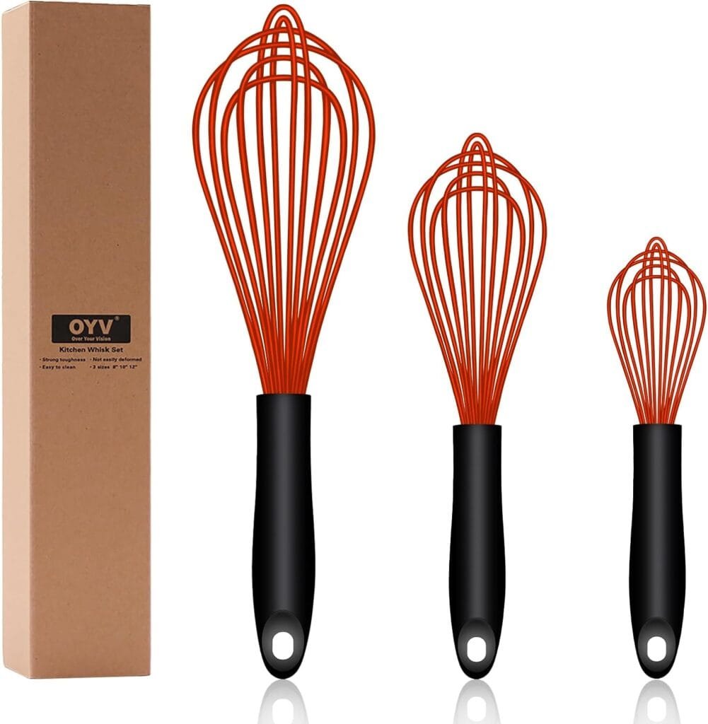 OYV Dishwasher Safe Silicone Whisk, Sealed Waterproof Design Set of 3, Professional Kitchen Whisks for Cooking Non-Scratch, Silicone  Stainless Steel Whisk, Heat Resistant Balloon Egg Beater, Black
