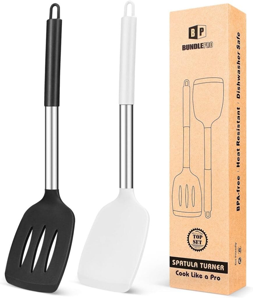 Pack of 2 Silicone Solid Turner,Non Stick Slotted Kitchen Spatulas,High Heat Resistant BPA Free Cooking Utensils,Ideal Cookware for Fish,Eggs,Pancakes (Stainless Steel KHAKI)