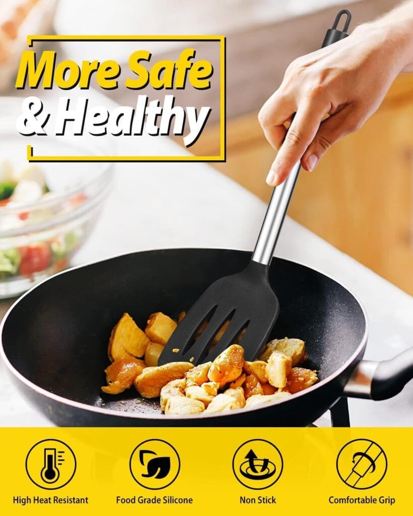 Pack of 2 Silicone Solid Turner,Non Stick Slotted Kitchen Spatulas,High Heat Resistant BPA Free Cooking Utensils,Ideal Cookware for Fish,Eggs,Pancakes (Stainless Steel KHAKI)