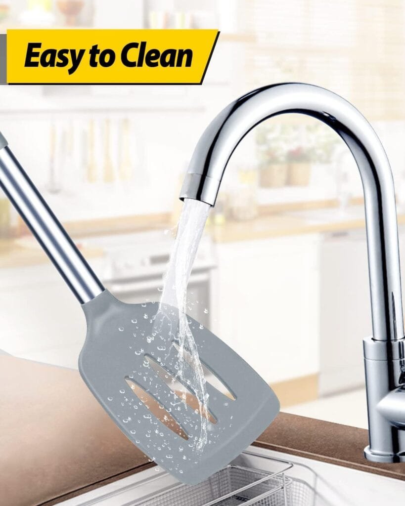 Pack of 2 Silicone Solid Turner,Non Stick Slotted Kitchen Spatulas,High Heat Resistant BPA Free Cooking Utensils,Ideal Cookware for Fish,Eggs,Pancakes (Stainless Steel KHAKI)