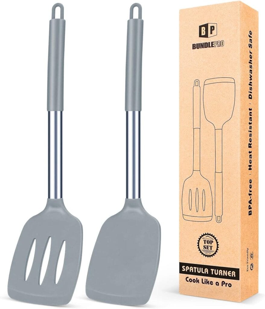 Pack of 2 Silicone Solid Turner,Non Stick Slotted Kitchen Spatulas,High Heat Resistant BPA Free Cooking Utensils,Ideal Cookware for Fish,Eggs,Pancakes (Stainless Steel KHAKI)