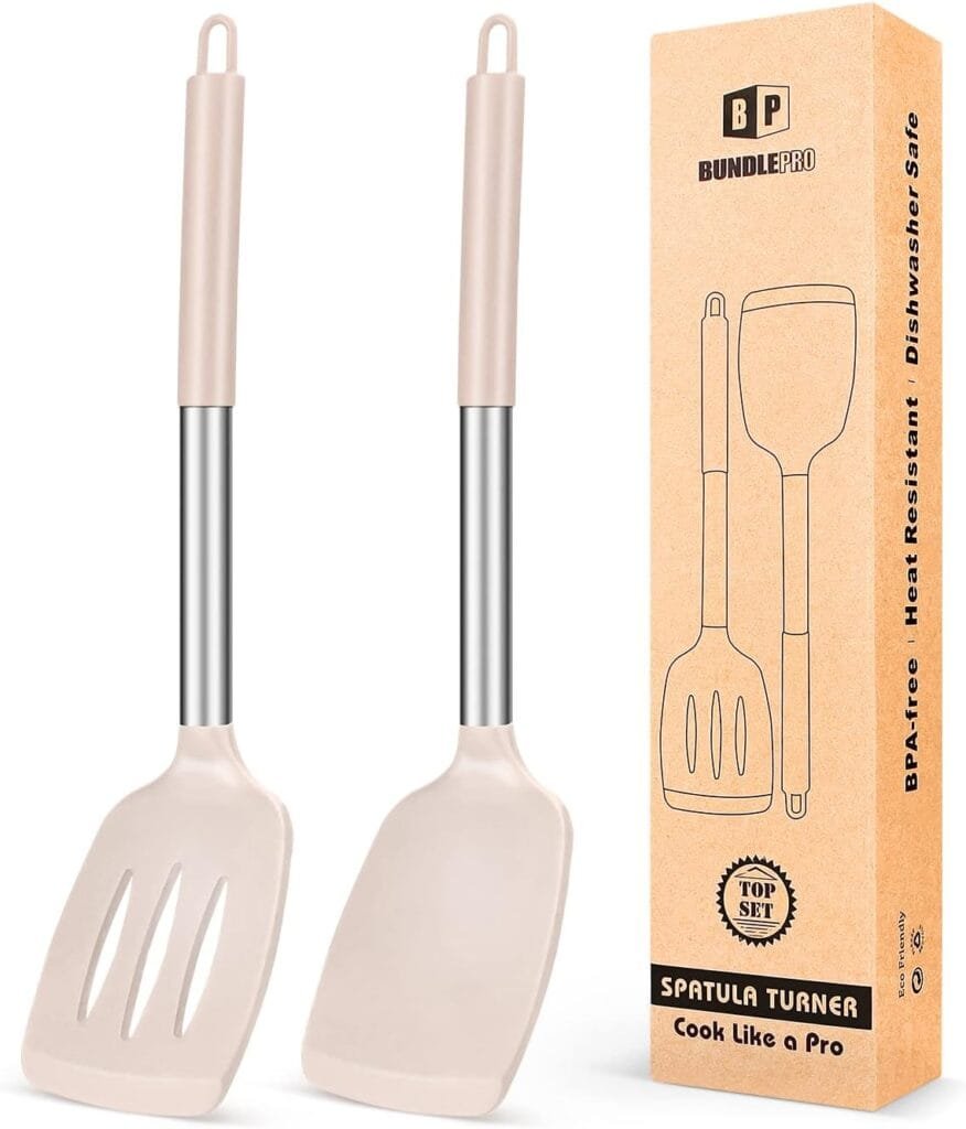 Pack of 2 Silicone Solid Turner,Non Stick Slotted Kitchen Spatulas,High Heat Resistant BPA Free Cooking Utensils,Ideal Cookware for Fish,Eggs,Pancakes (Stainless Steel KHAKI)