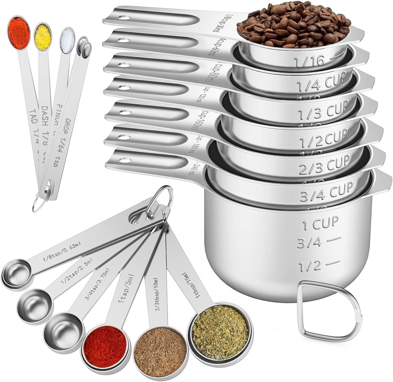 Paincco Stainless Steel Measuring Cups Spoons Set of 21, Includes 7 Nesting Metal Measuring Cups, 9 Measuring Spoons and 5 Mini Measuring Spoons, Kitchen Gadgets for Cooking Baking Paincco Stainless Steel Measuring Cups Spoons Set of 21, Includes 7 Nesting Metal Measuring Cups, 9 Measuring Spoons and 5 Mini Measuring Spoons, Kitchen Gadgets for Cooking Baking