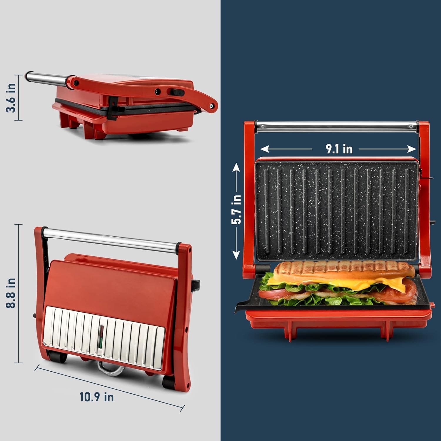 Panini Grill Press Sandwich Maker, Panini Press with Locking Lid and Indicator Lights, Mini 2-slice Panini Press, Grilled Cheese Maker, Opens 180 Degrees for Any Size, Cool Touch Handle, Red Panini Grill Press Sandwich Maker, Panini Press with Locking Lid and Indicator Lights, Mini 2-slice Panini Press, Grilled Cheese Maker, Opens 180 Degrees for Any Size, Cool Touch Handle, Red