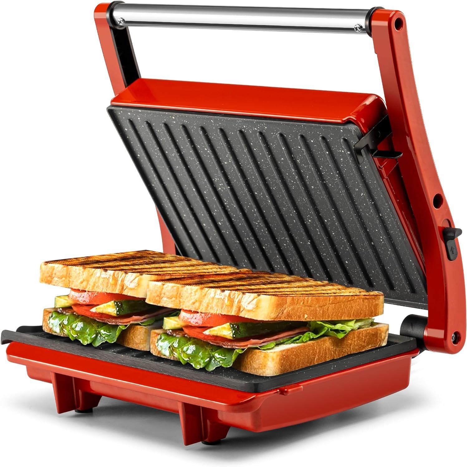 Panini Grill Press Sandwich Maker, Panini Press with Locking Lid and Indicator Lights, Mini 2-slice Panini Press, Grilled Cheese Maker, Opens 180 Degrees for Any Size, Cool Touch Handle, Red Panini Grill Press Sandwich Maker, Panini Press with Locking Lid and Indicator Lights, Mini 2-slice Panini Press, Grilled Cheese Maker, Opens 180 Degrees for Any Size, Cool Touch Handle, Red