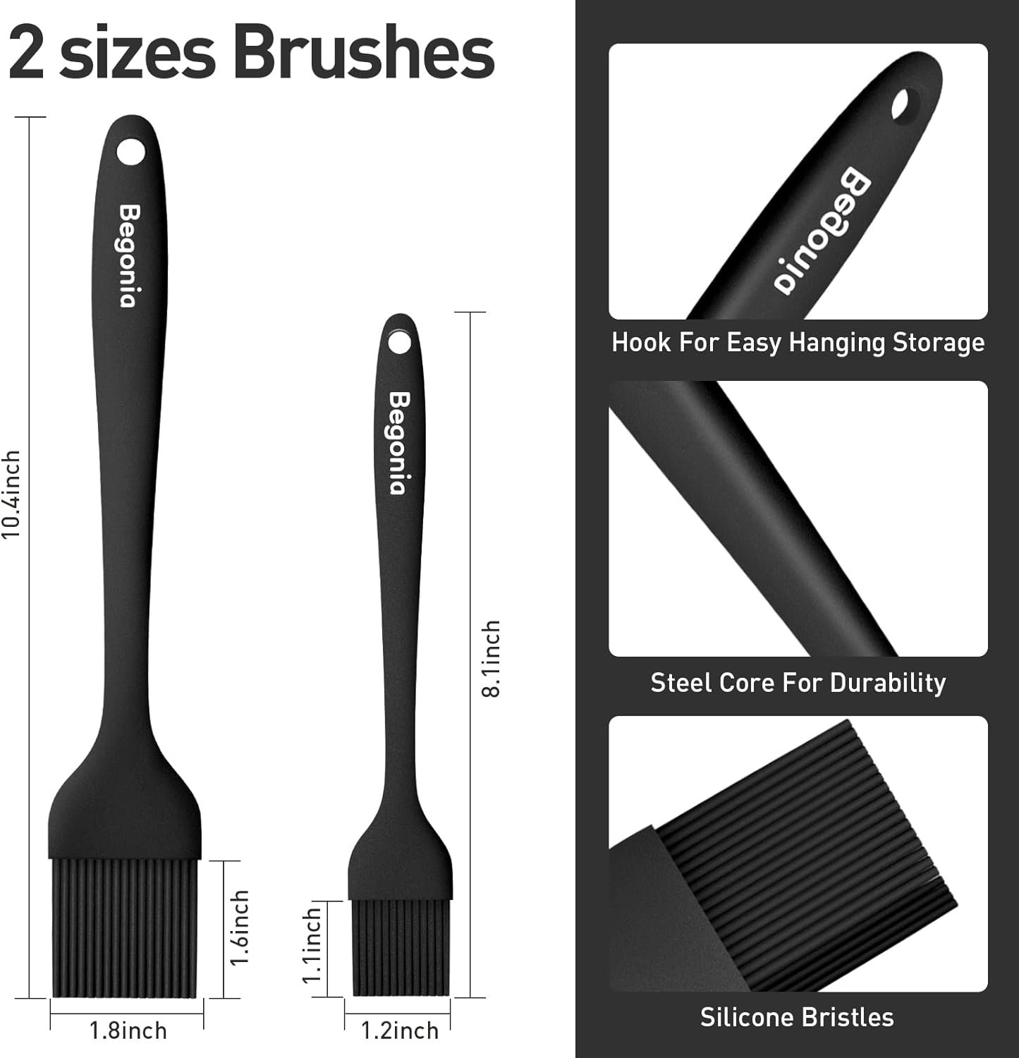 Pastry Brush-Begonia Silicone Basting Brush for Cooking,2pcs 10+8 in Heat Resistant Food Brushes for Baking, Grilling, Cooking and Spreading Oil, Butter, BBQ Sauce, or Marinade