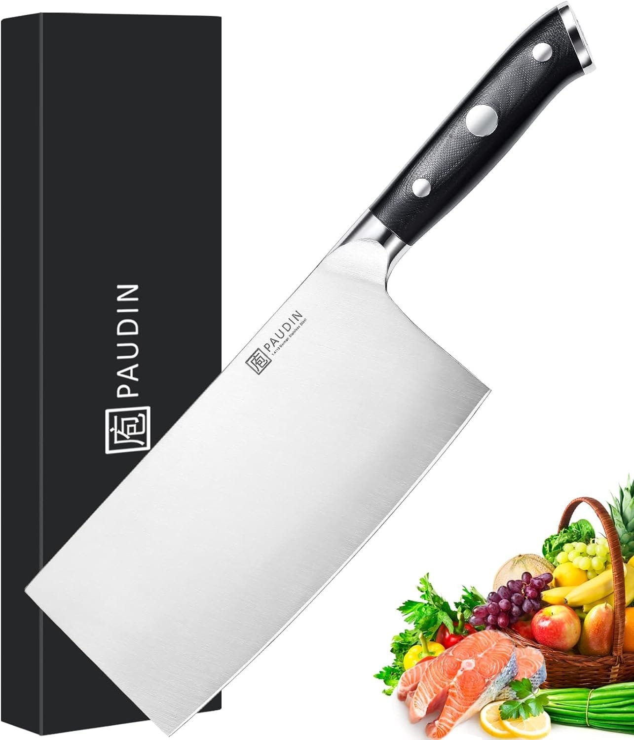 PAUDIN Nakiri Knife - 7 Razor Sharp Meat Cleaver and Vegetable Kitchen Knife, High Carbon Stainless Steel, Multipurpose Asian Chef Knife for Home and Kitchen with Ergonomic Handle
