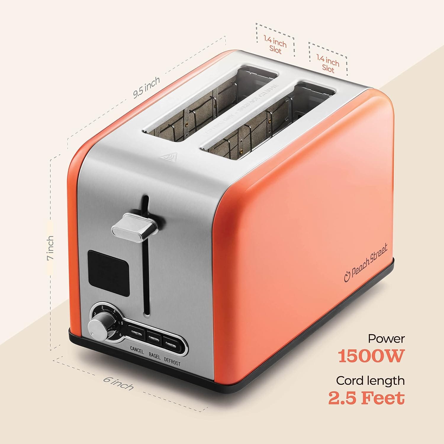 Peach Street 2 Slice Toaster Compact Bread Toaster with Digital Countdown, Wide Slots, Auto-Pop Stainless Steel, 6 Browning Levels, Removable Crumb Tray, with Defrost, Bagel, and Cancel Function Peach Street 2 Slice Toaster Compact Bread Toaster with Digital Countdown, Wide Slots, Auto-Pop Stainless Steel, 6 Browning Levels, Removable Crumb Tray, with Defrost, Bagel, and Cancel Function