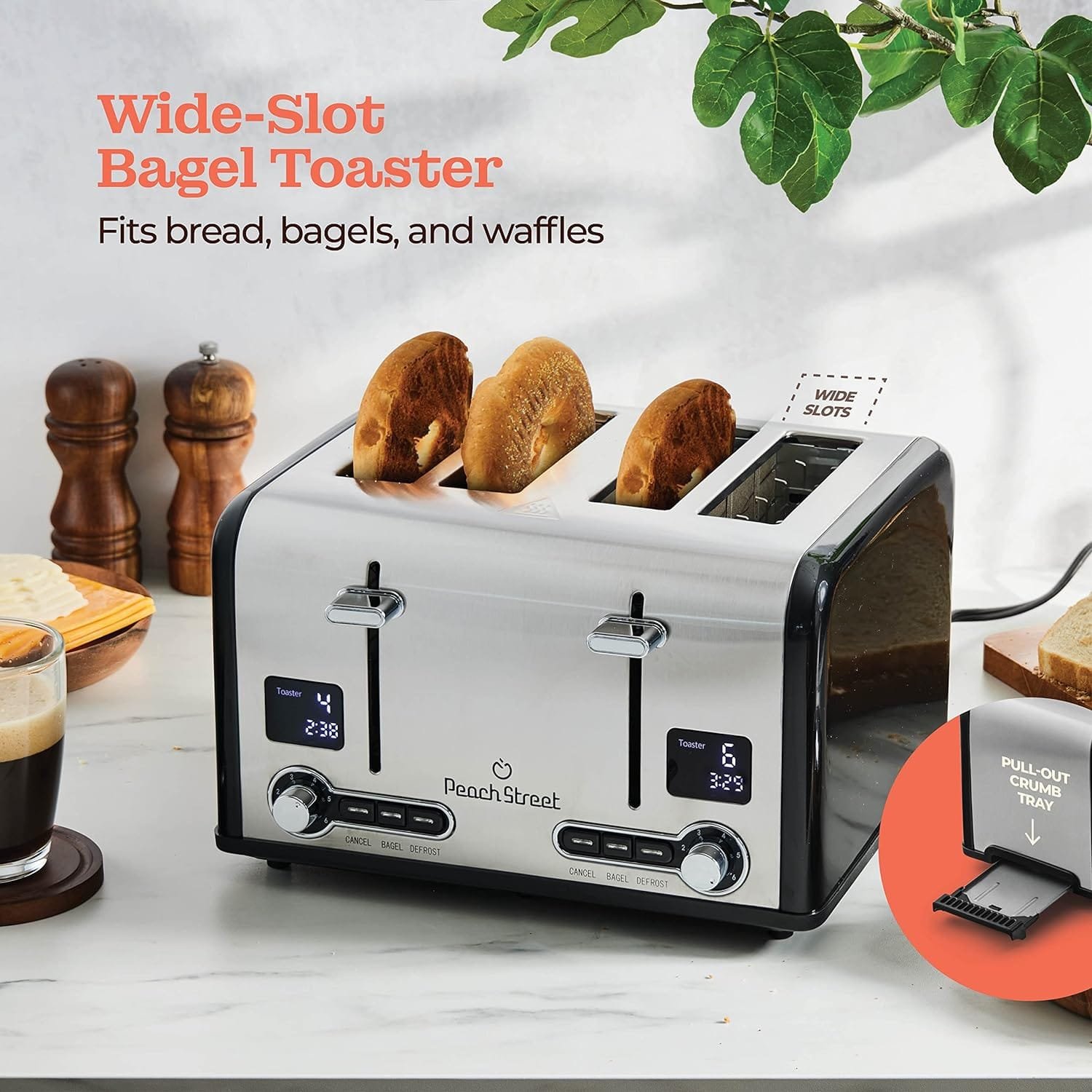 Peach Street 2 Slice Toaster Compact Bread Toaster with Digital Countdown, Wide Slots, Auto-Pop Stainless Steel, 6 Browning Levels, Removable Crumb Tray, with Defrost, Bagel, and Cancel Function Peach Street 2 Slice Toaster Compact Bread Toaster with Digital Countdown, Wide Slots, Auto-Pop Stainless Steel, 6 Browning Levels, Removable Crumb Tray, with Defrost, Bagel, and Cancel Function