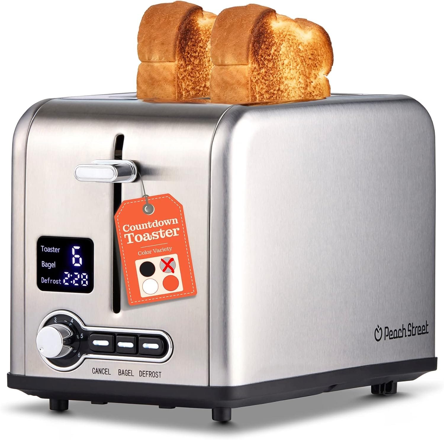 Peach Street 2 Slice Toaster Compact Bread Toaster with Digital Countdown, Wide Slots, Auto-Pop Stainless Steel, 6 Browning Levels, Removable Crumb Tray, with Defrost, Bagel, and Cancel Function Peach Street 2 Slice Toaster Compact Bread Toaster with Digital Countdown, Wide Slots, Auto-Pop Stainless Steel, 6 Browning Levels, Removable Crumb Tray, with Defrost, Bagel, and Cancel Function