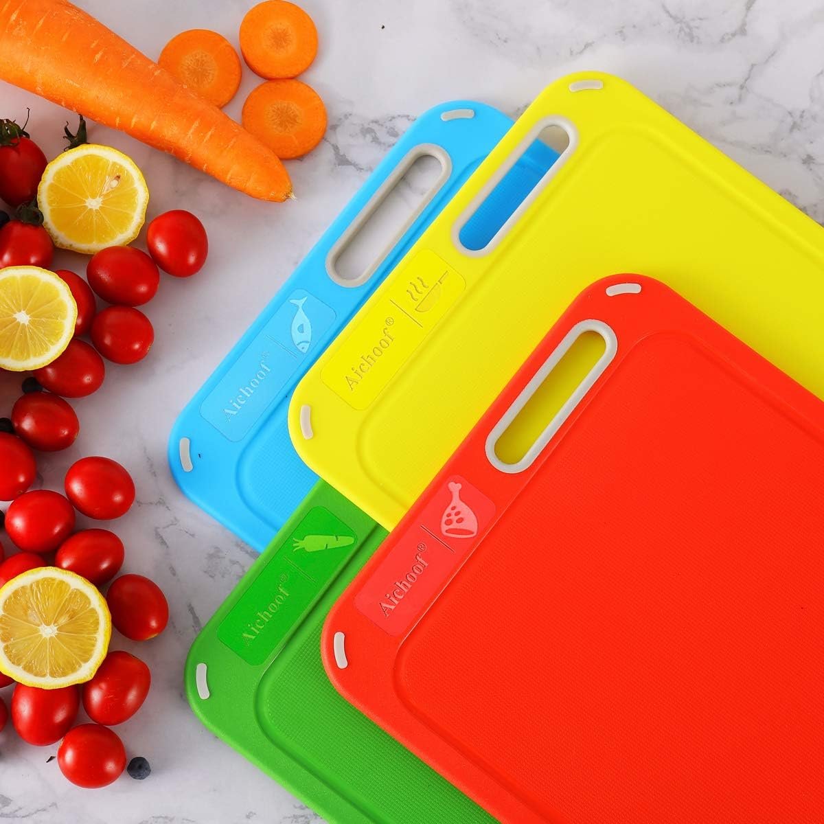 Plastic Cutting Board, Set of 4 with Storage Stand, Color Box Packed, BPA-Free, Preventing Cross-contamination of Different Food Types, Dishwasher Safe