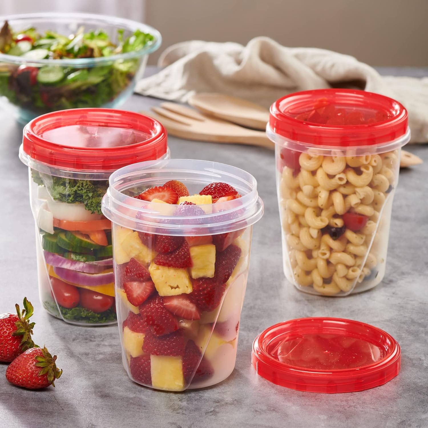 PLASTICPRO 12 Pack Twist Cap Food Storage Containers with Red Screw on Lid- 32 oz Reusable Meal Prep Containers - Freezer and Microwave Safe Red Plastic Food Storage