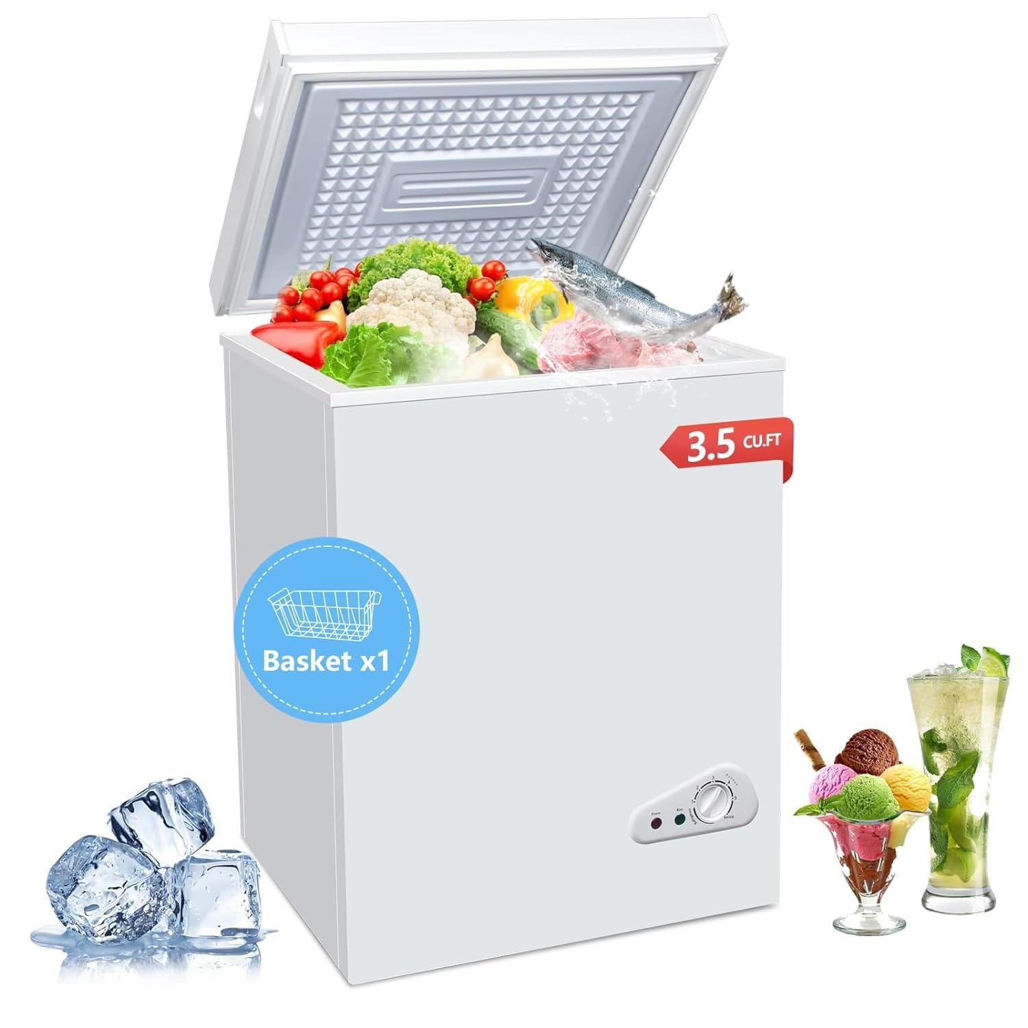 Pluralla 3.5 Cu.Ft Chest Freezer with a Removable Basket 7 Gears Adjustable Temperature Control(-18°F to -46°F), Deep Compact Freezer for Garage, Office, Basement, House, Kitchen, Shop, RVs-White Pluralla 3.5 Cu.Ft Chest Freezer with a Removable Basket 7 Gears Adjustable Temperature Control(-18°F to -46°F), Deep Compact Freezer for Garage, Office, Basement, House, Kitchen, Shop, RVs-White