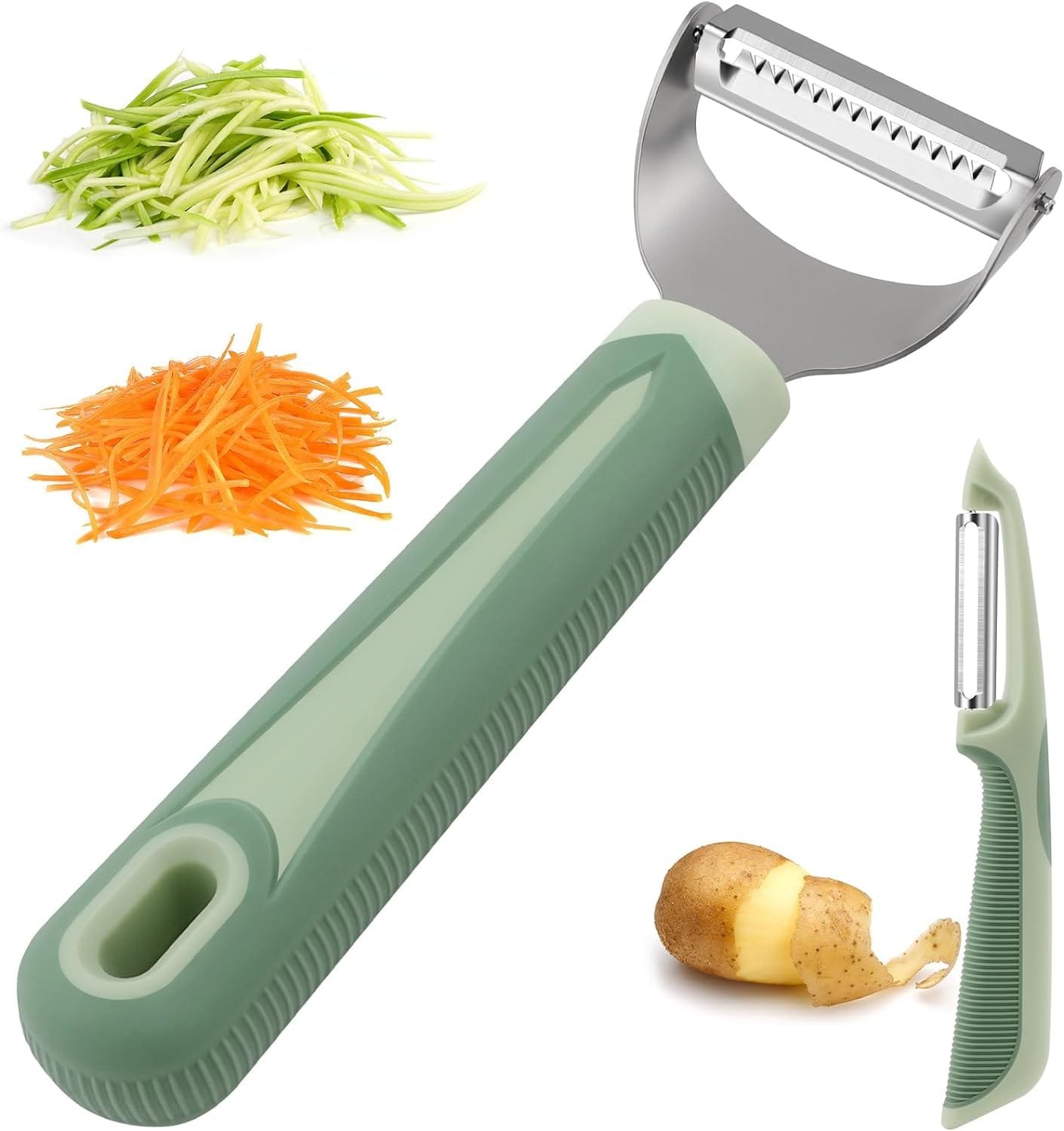 PNEATDEZ Julienne Peeler Vegetable Peeler -Y Julienne Shredder with 4.8 Long Silicone Handle -Potato Peeler Swivel Peeler for Kitchen, Set of 2 Green