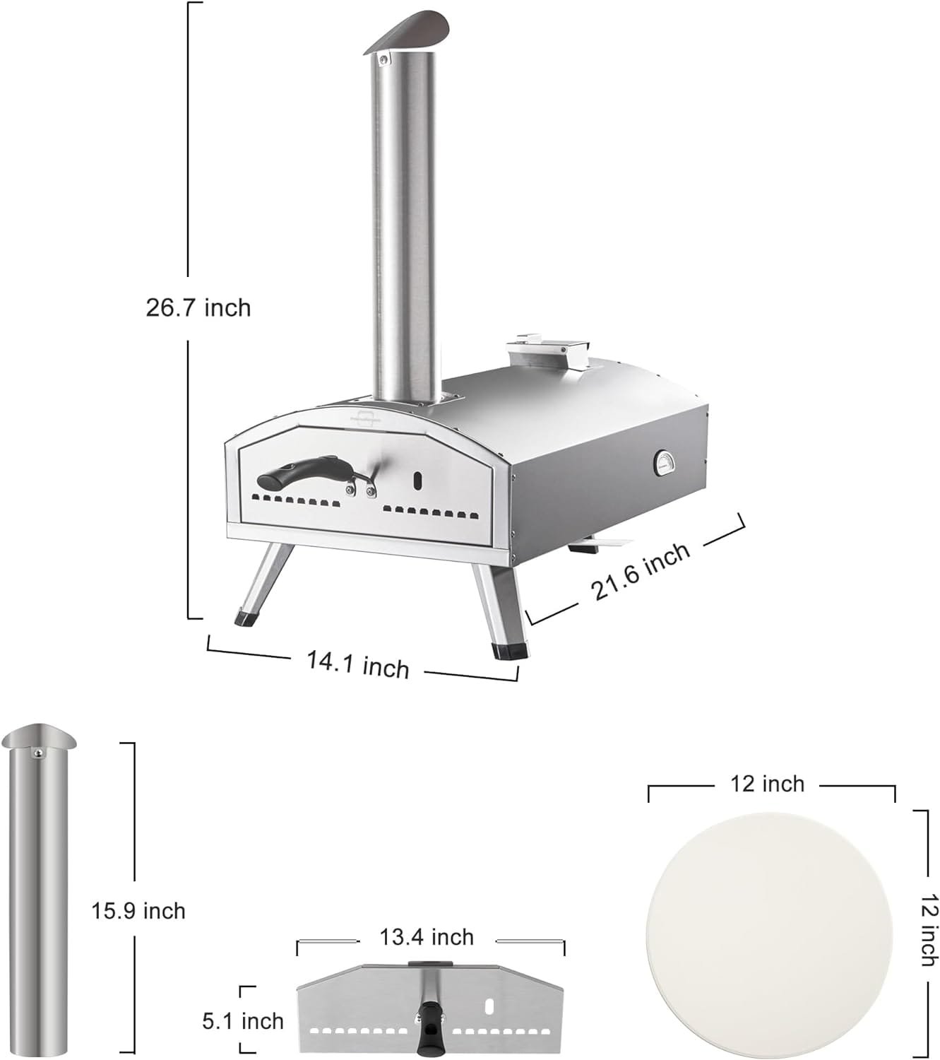 PolarcoForgeco Pizza Oven Outdoor Wood-Fired - 12 Inch Outdoor Pizza Oven with Rotatable Pizza Stone, Portable Stainless Steel Pellet Pizza Oven for Outside Backyard Camping - Silver
