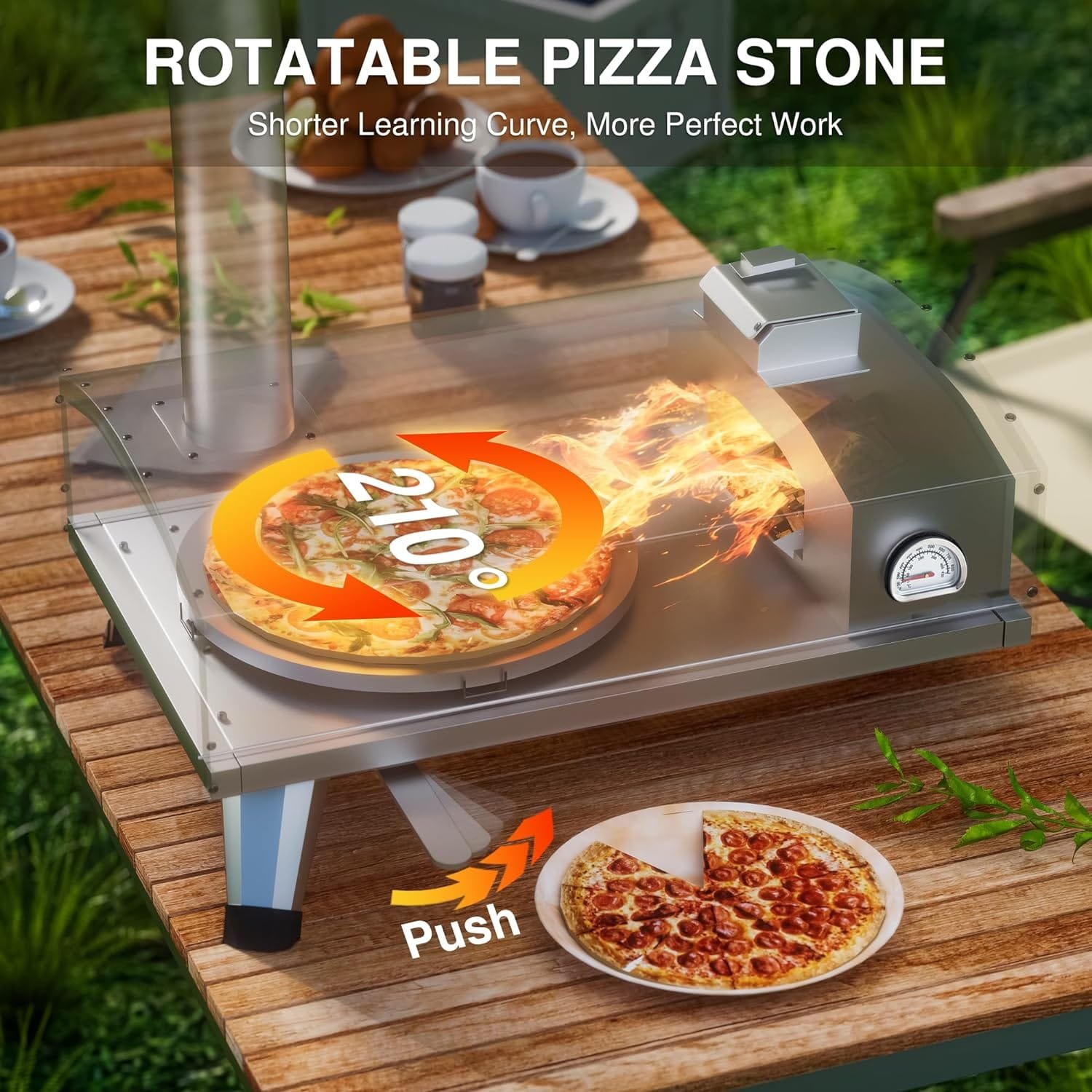PolarcoForgeco Pizza Oven Outdoor Wood-Fired - 12 Inch Outdoor Pizza Oven with Rotatable Pizza Stone, Portable Stainless Steel Pellet Pizza Oven for Outside Backyard Camping - Silver