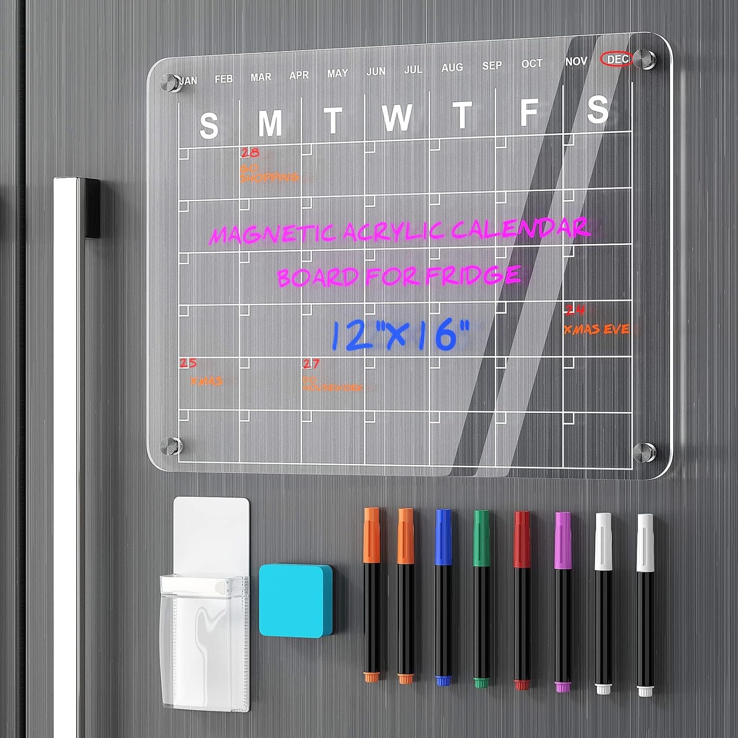 Polegas Magnetic Dry Erase Calendar Board for Fridge, 16X12 Acrylic Erasable Weekly Calendar Whiteboard, Clear Refrigerator White Board Small Magnet Meal Planner Menu Schedule Board to Do List