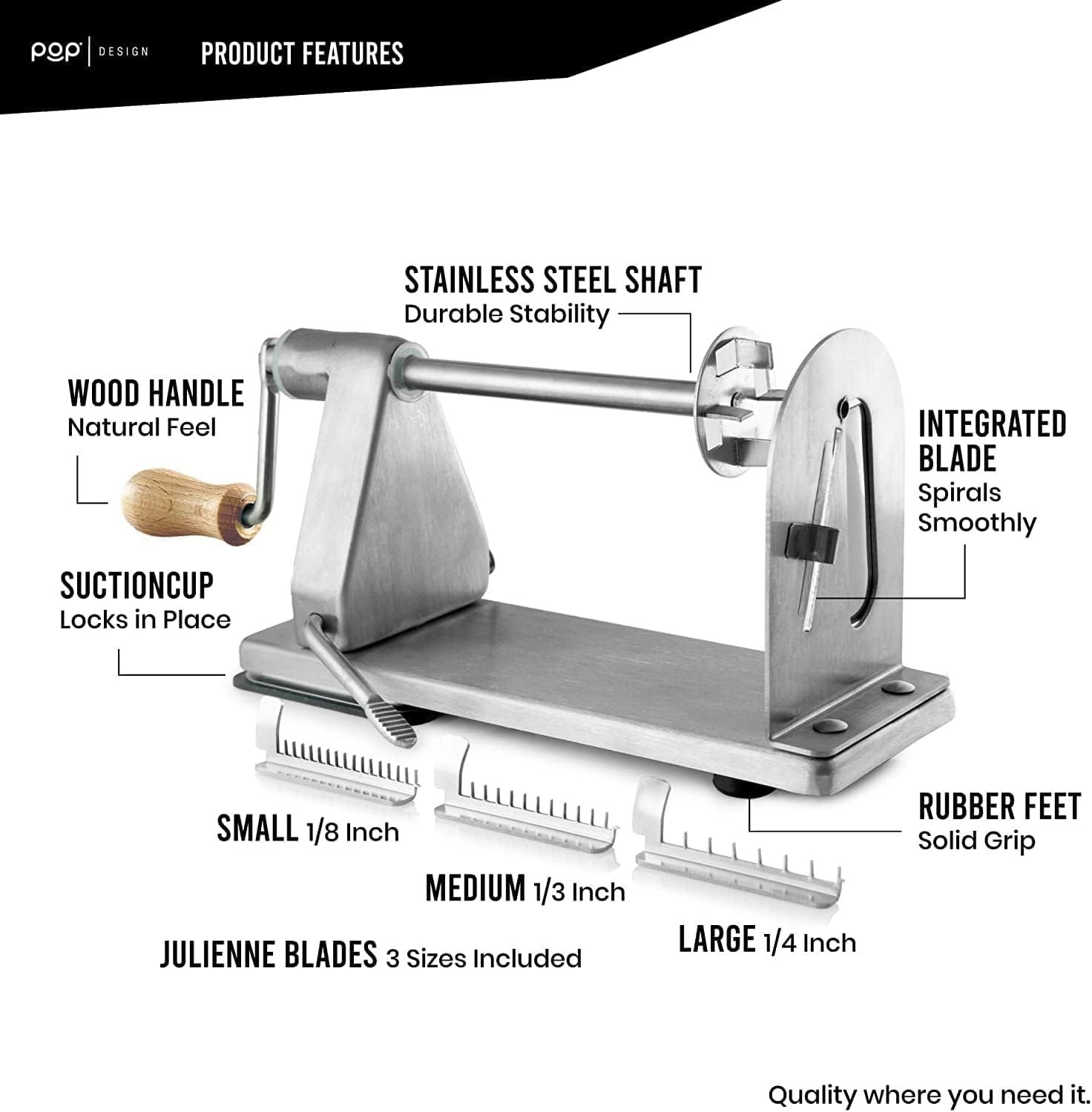 POP Design Stainless Steel Vegetable Spiralizer, Commercial Grade Spiralizer and Potato Cutter for Curly Fries, Noodle Maker and Zoodler, 3 Blade Size Cutters, Wooden Handle, No-Slip Suction Base