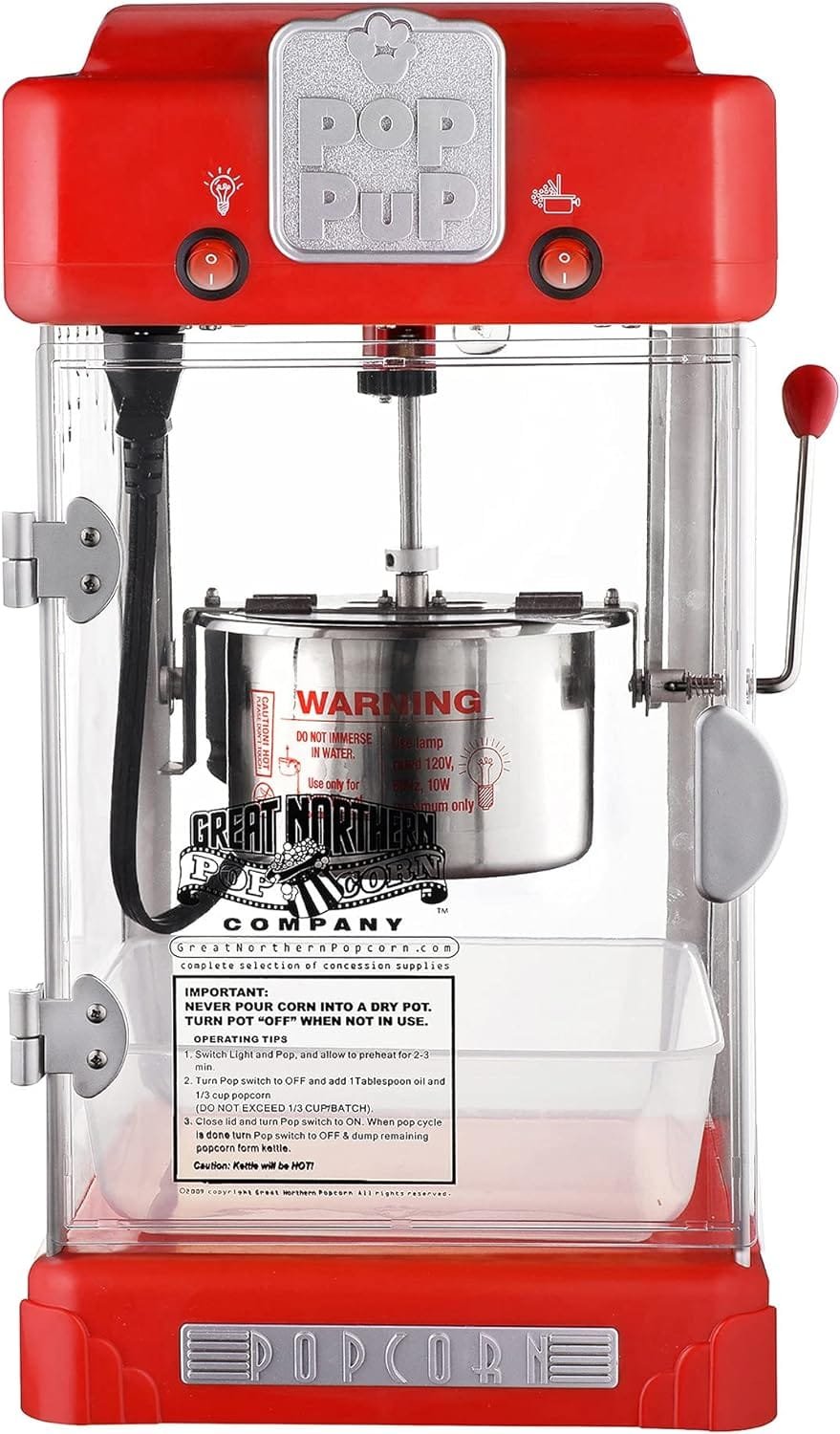 Pop Pup Popcorn Machine - 2.5oz Popper with Stainless-Steel Kettle, Serving Tray, Warming Light and Accessories by Great Northern Popcorn (Red) Pop Pup Popcorn Machine - 2.5oz Popper with Stainless-Steel Kettle, Serving Tray, Warming Light and Accessories by Great Northern Popcorn (Red)