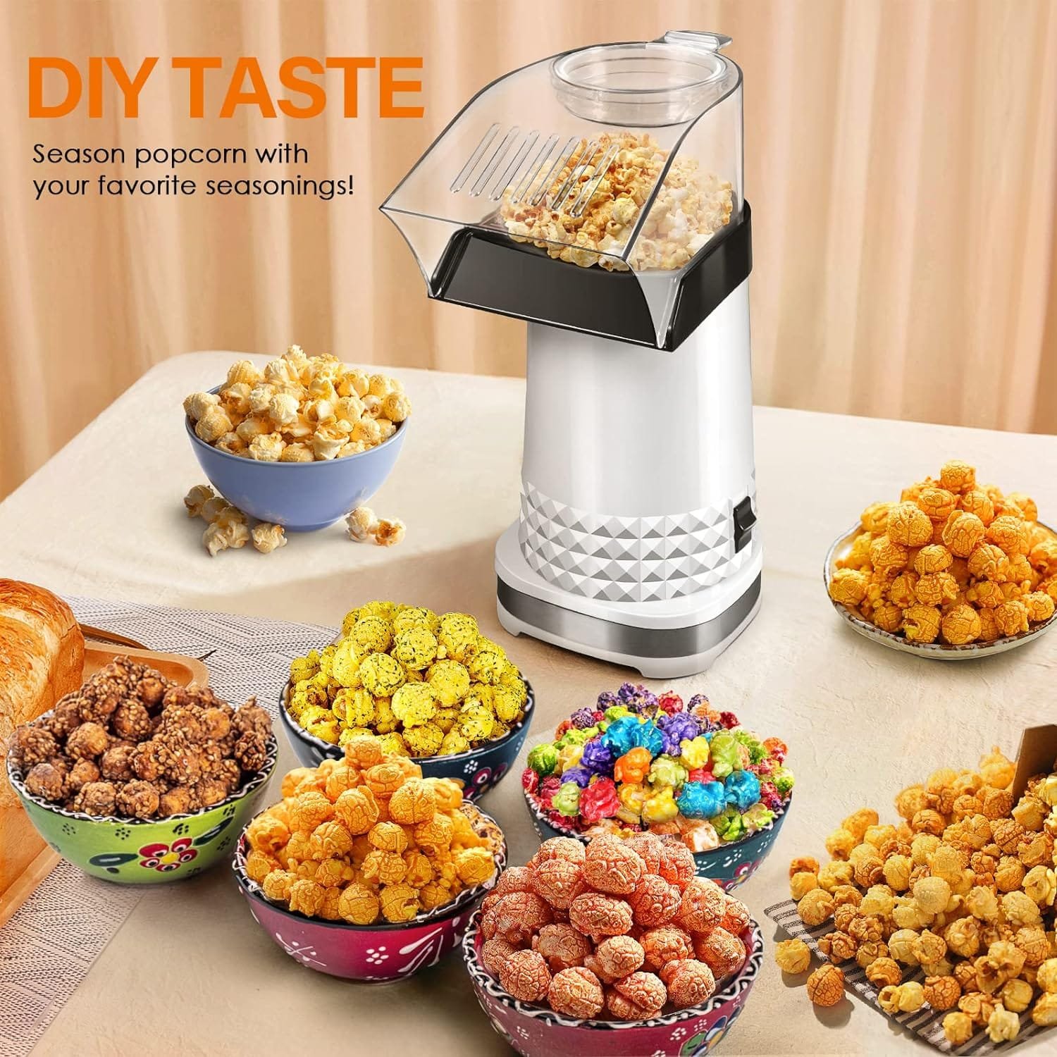 Popcorn Maker, Hot Air Popcorn Popper, 1200W Electric Popcorn Machine with Measuring Cup, No Oil Healthy Snack, Perfect for Home, Party and Family (White)