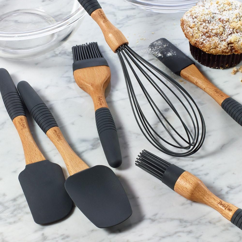 PortoFino Baking Utensils Set - Kitchen Utensils - 6 Pcs Silicone Cooking Utensils Set - Wooden Kitchen Utensil Set with 3 Silicone Spatula Set 2 Pastry Brush 1 Whisk - Silicone Kitchen Utensils Set