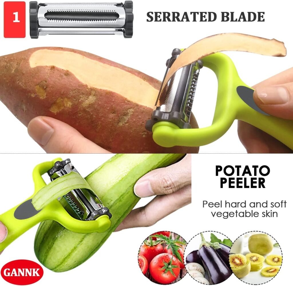 Potato Apple Vegetable Peelers for Kitchen, I and Y Peelers for Fruit Veggie Potatoes Carrot Cucumber, 3 in 1 Blade Spin Design With Julienne Function