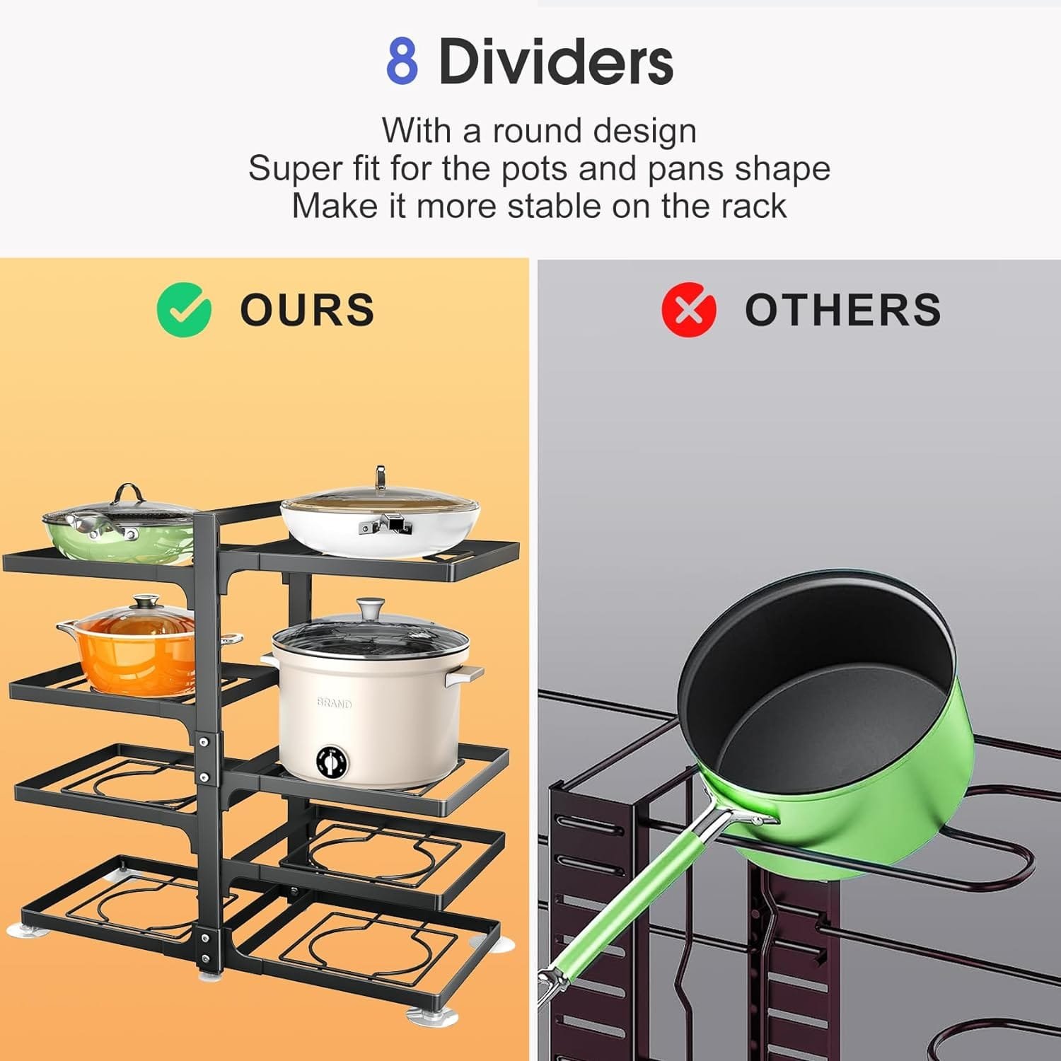 Pots and Pans Organizer, 8 Tier Pan Organizer Rack for Cabinet,Heavy Duty Pot and Pan Organizer for Under Cabinet, Adjustable Pan Lid Holder for Kitchen Pantry to Store Dutch Ovens, Cast-Iron Pans