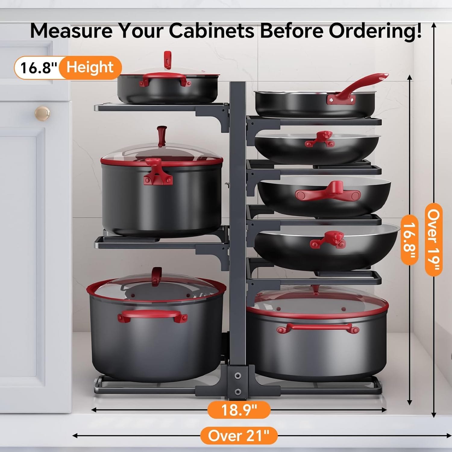 Pots and Pans Organizer, 8 Tier Pan Organizer Rack for Cabinet,Heavy Duty Pot and Pan Organizer for Under Cabinet, Adjustable Pan Lid Holder for Kitchen Pantry to Store Dutch Ovens, Cast-Iron Pans