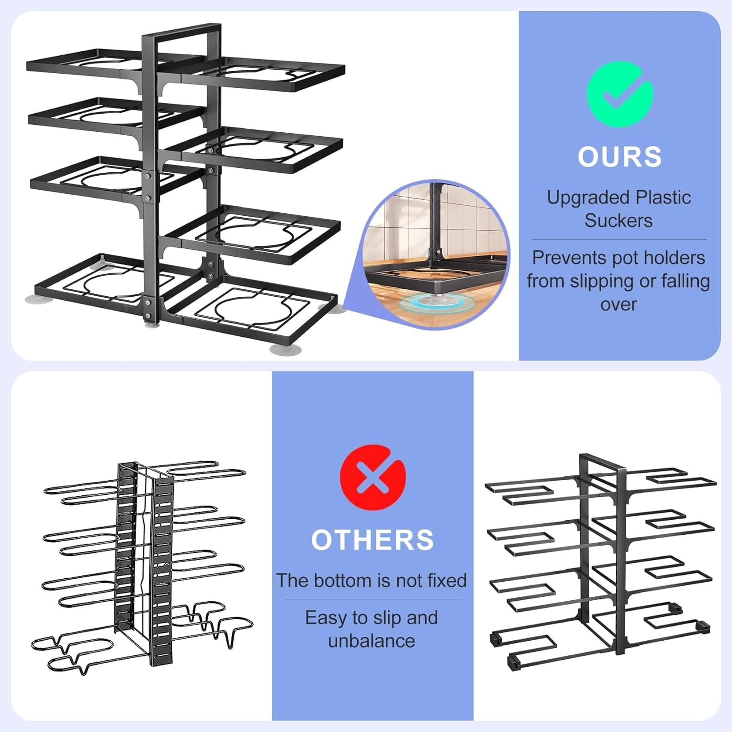 Pots and Pans Organizer, 8 Tier Pan Organizer Rack for Cabinet,Heavy Duty Pot and Pan Organizer for Under Cabinet, Adjustable Pan Lid Holder for Kitchen Pantry to Store Dutch Ovens, Cast-Iron Pans