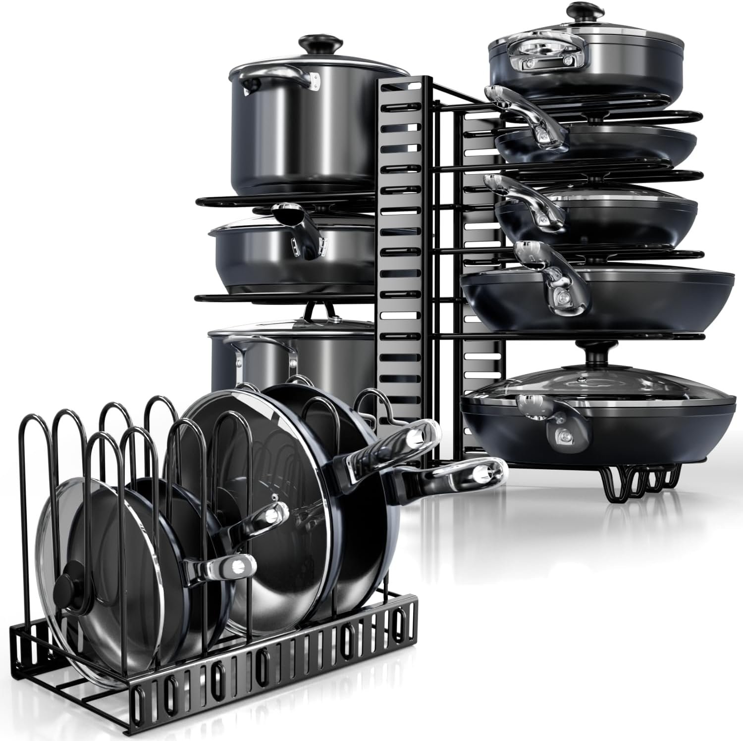 Pots and Pans Organizer Under Cabinet - 8-Tier Adjustable Pan Organizer Rack for Cabinet - Heavy-Duty Pot  Pan Organizer - Perfect to Store Pots, Pans, Lids - Easy Kitchen Organization and Storage