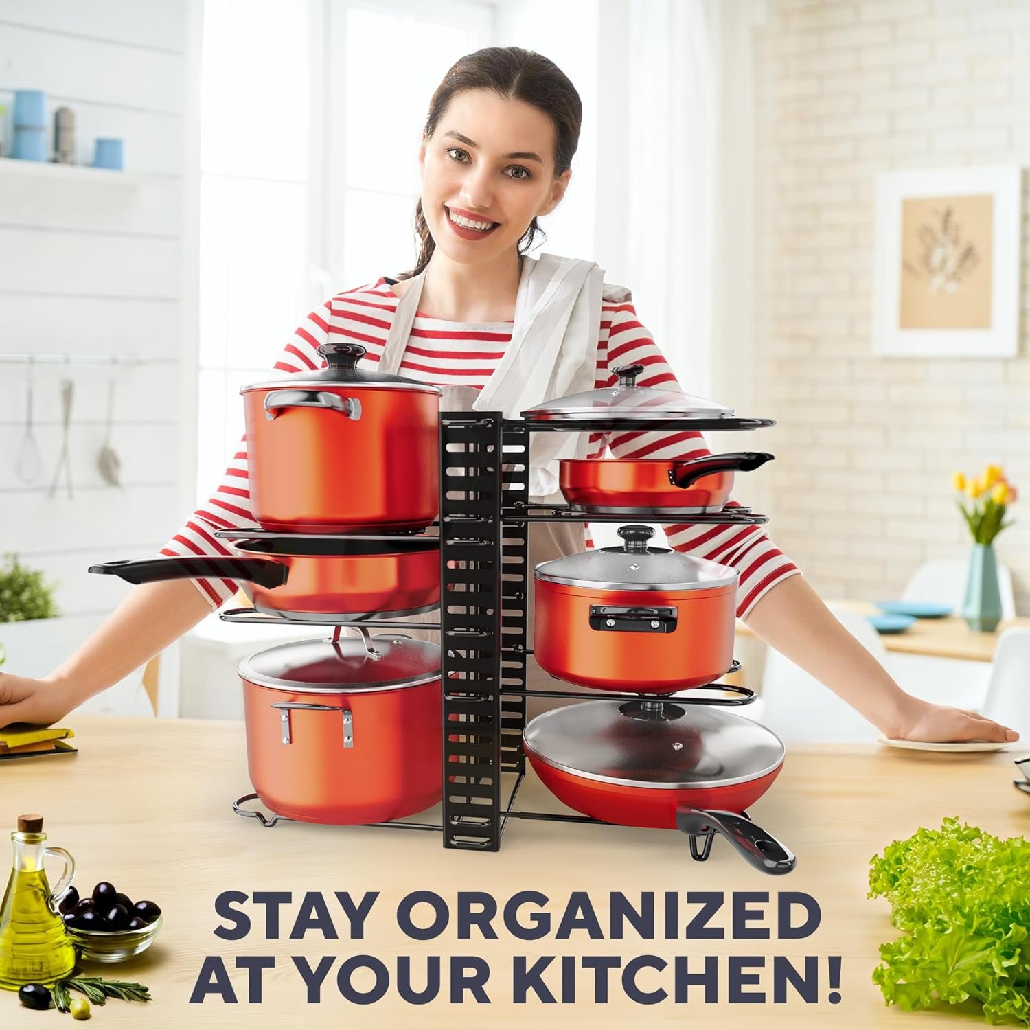 Pots and Pans Organizer Under Cabinet - 8-Tier Adjustable Pan Organizer Rack for Cabinet - Heavy-Duty Pot  Pan Organizer - Perfect to Store Pots, Pans, Lids - Easy Kitchen Organization and Storage