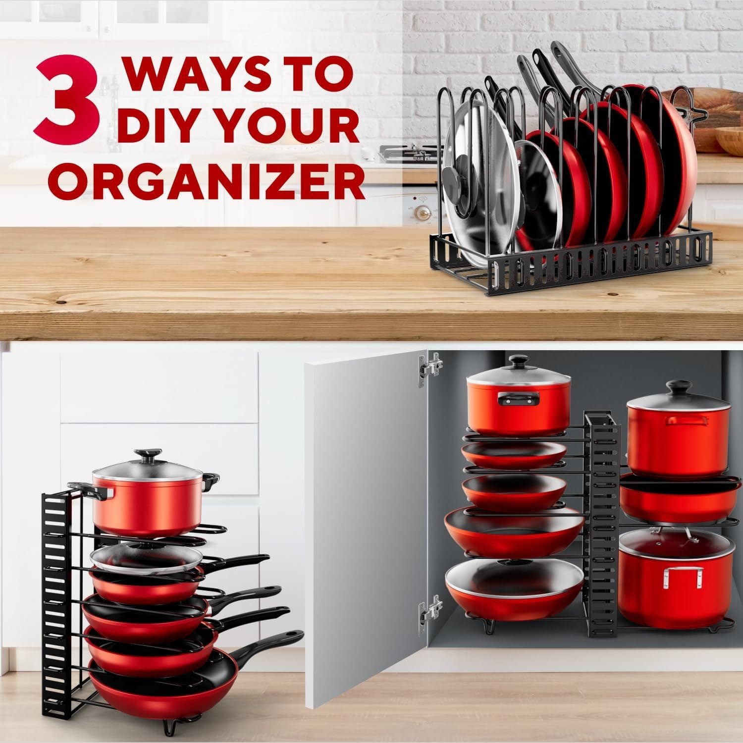 Pots and Pans Organizer Under Cabinet - 8-Tier Adjustable Pan Organizer Rack for Cabinet - Heavy-Duty Pot  Pan Organizer - Perfect to Store Pots, Pans, Lids - Easy Kitchen Organization and Storage Pots and Pans Organizer Under Cabinet - 8-Tier Adjustable Pan Organizer Rack for Cabinet - Heavy-Duty Pot  Pan Organizer - Perfect to Store Pots, Pans, Lids - Easy Kitchen Organization and Storage