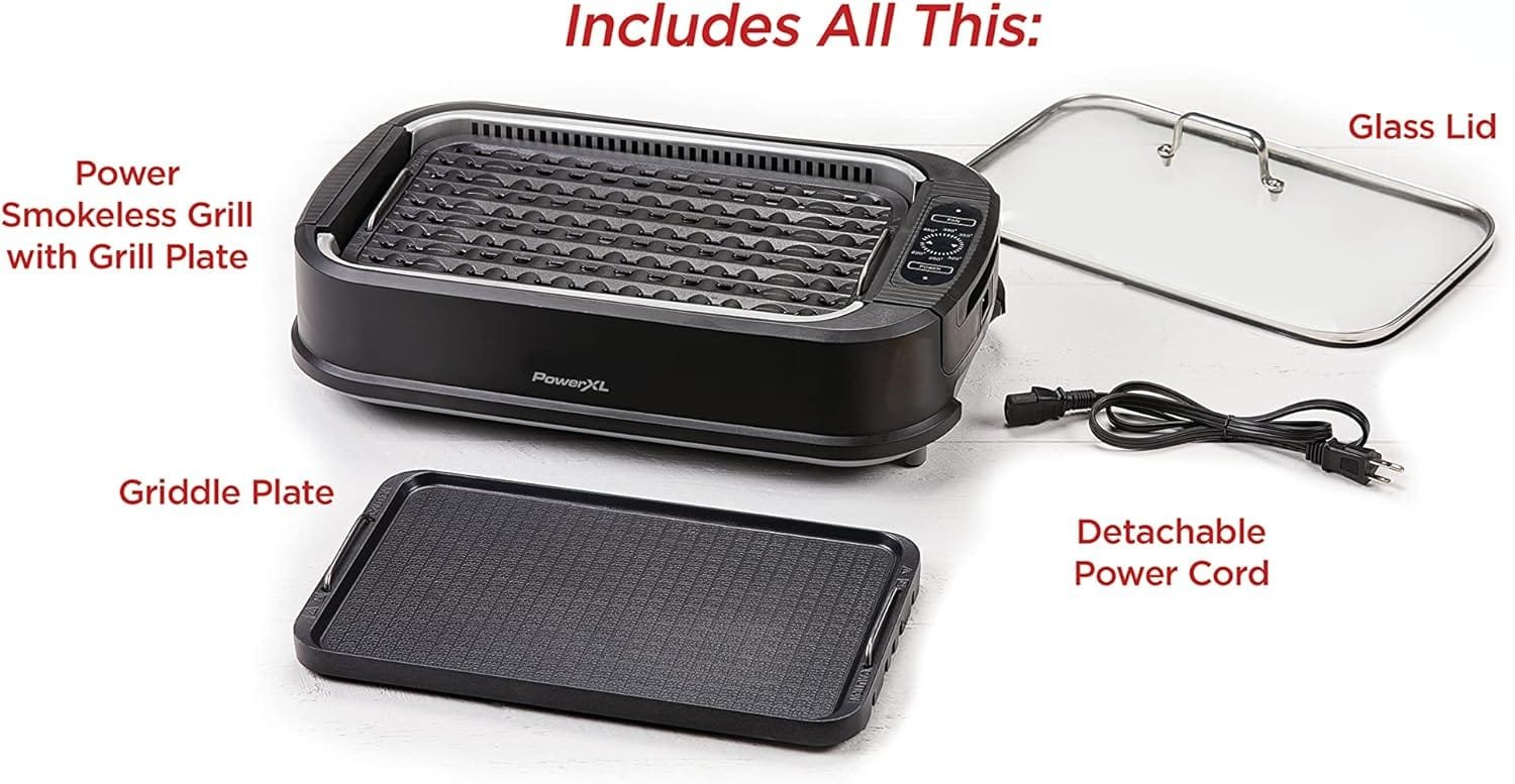 Power XL Smokeless Electric Indoor Removable Grill and Griddle Plates, Nonstick Cooking Surfaces, Glass Lid, 1500 Watt, 21X 15.4X 8.1, black
