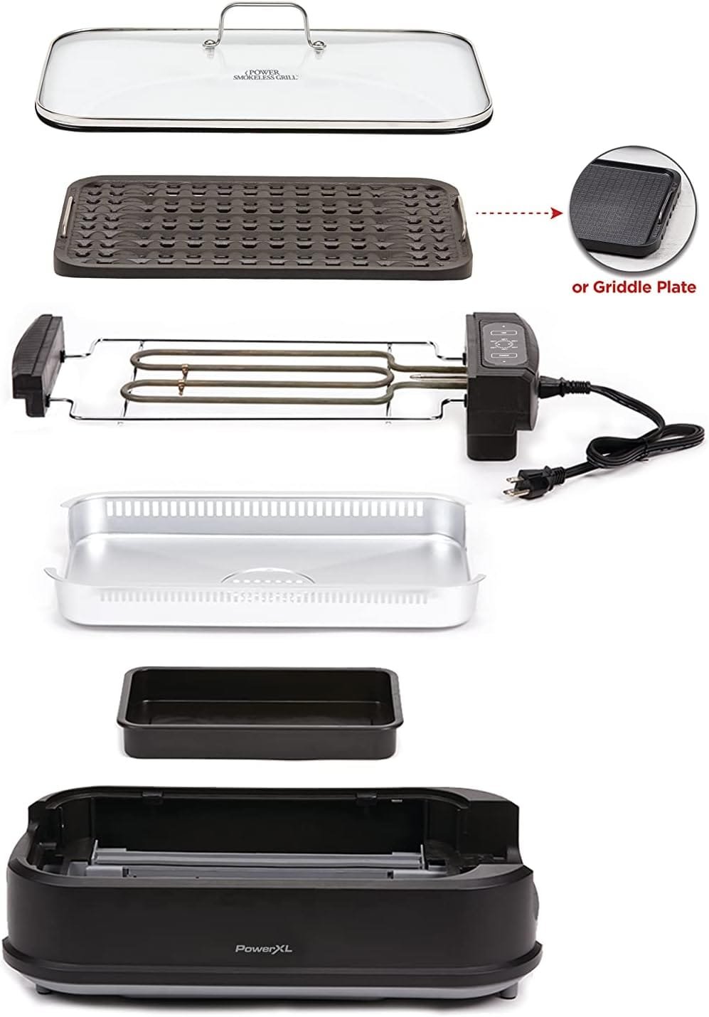 Power XL Smokeless Electric Indoor Removable Grill and Griddle Plates, Nonstick Cooking Surfaces, Glass Lid, 1500 Watt, 21X 15.4X 8.1, black