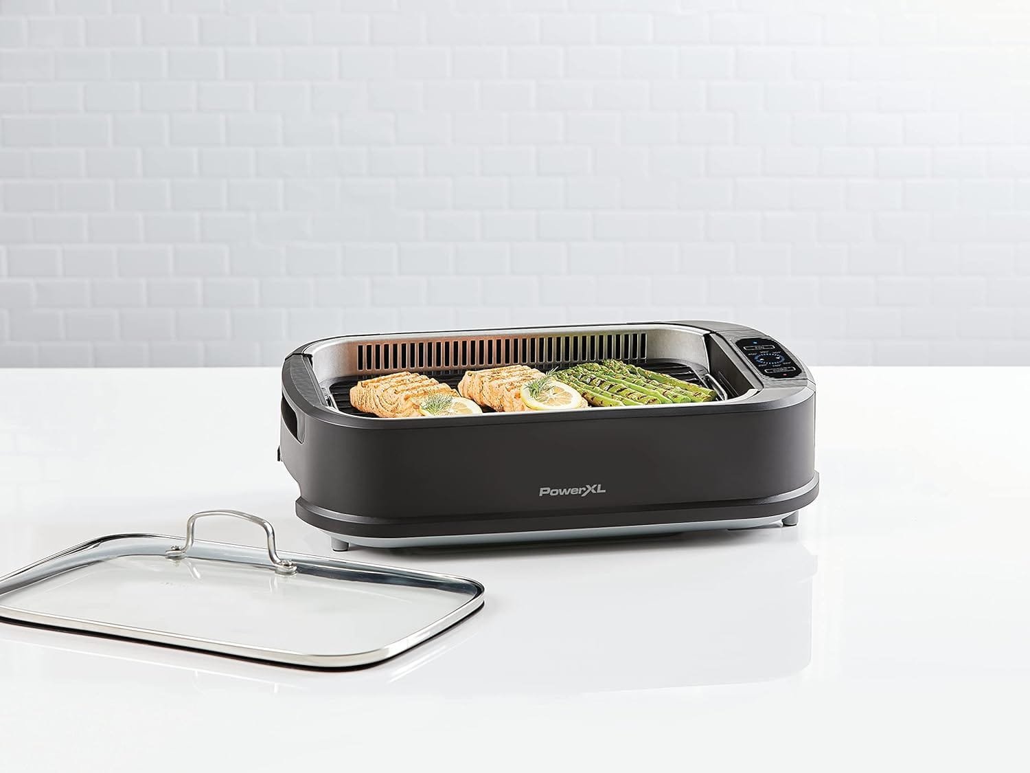 Power XL Smokeless Electric Indoor Removable Grill and Griddle Plates, Nonstick Cooking Surfaces, Glass Lid, 1500 Watt, 21X 15.4X 8.1, black