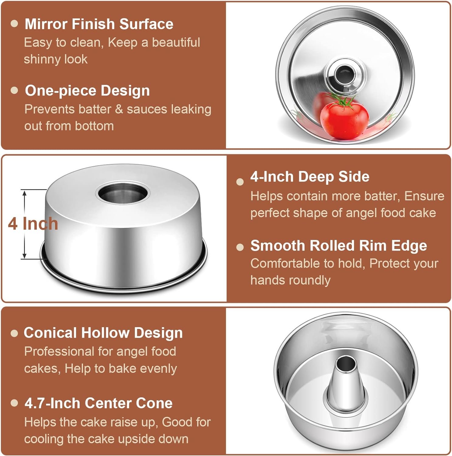 PP CHEF Angel Food Cake Pan, Stainless Steel 10 Inch Cake Pan with Tube, Round Cake Pan Pound Cake Baking Tin, Conical Hollow  One-piece Design, Oven  Dishwasher Safe, Healthy  Heavy-duty