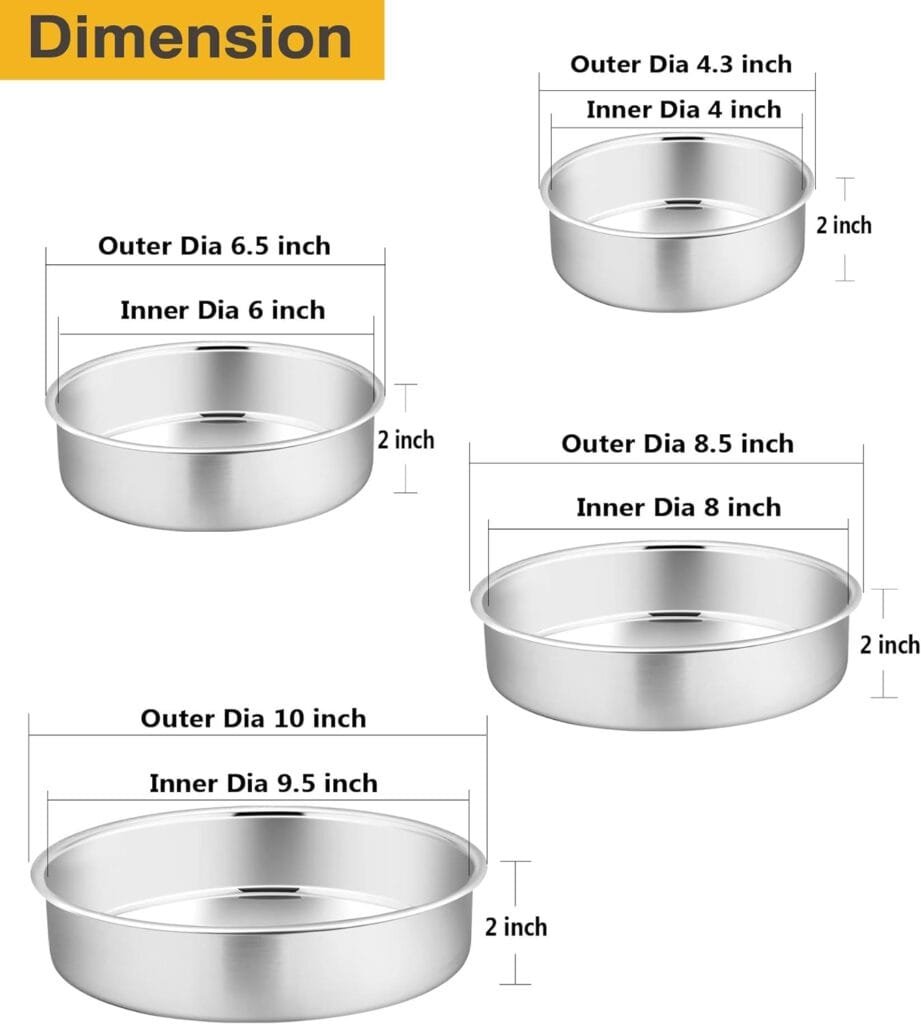 PP CHEF Cake Pan Set - 4”, 6”, 8”, 9.5 4 Piece Round Baking Cake Pans Tin Stainless Steel, Oven/Pot/Dishwasher Safe, Heavy Duty  Non Toxic, Mirror Finish  Easy Clean