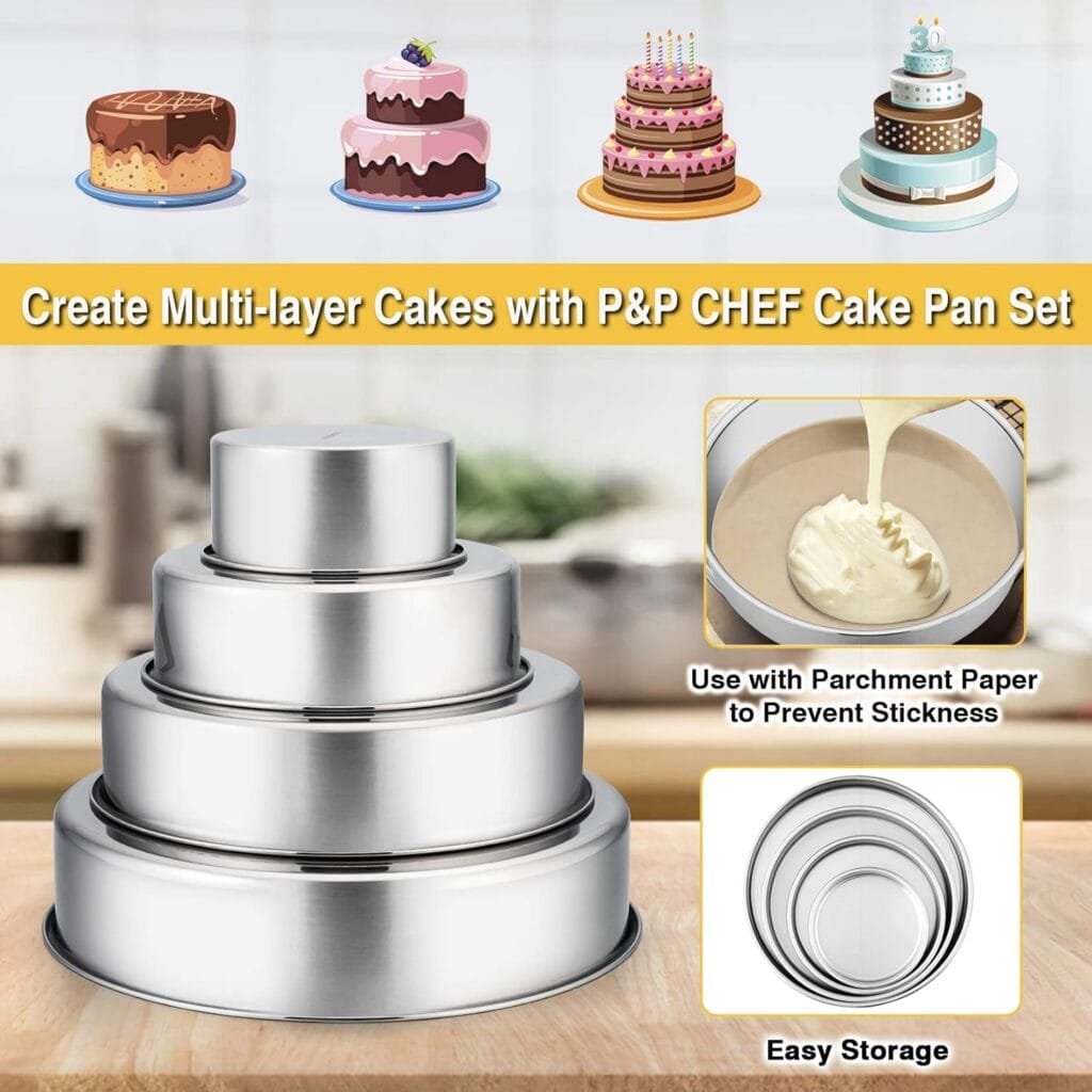 PP CHEF Cake Pan Set - 4”, 6”, 8”, 9.5 4 Piece Round Baking Cake Pans Tin Stainless Steel, Oven/Pot/Dishwasher Safe, Heavy Duty  Non Toxic, Mirror Finish  Easy Clean