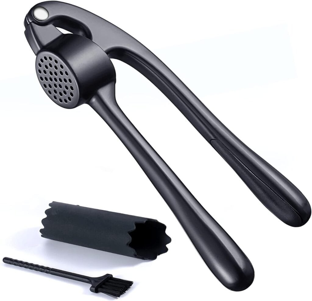 Premium Garlic Press, Garlic Mincer Set of 3 with Silicone Roller Peeler  Cleaning Brush - Black