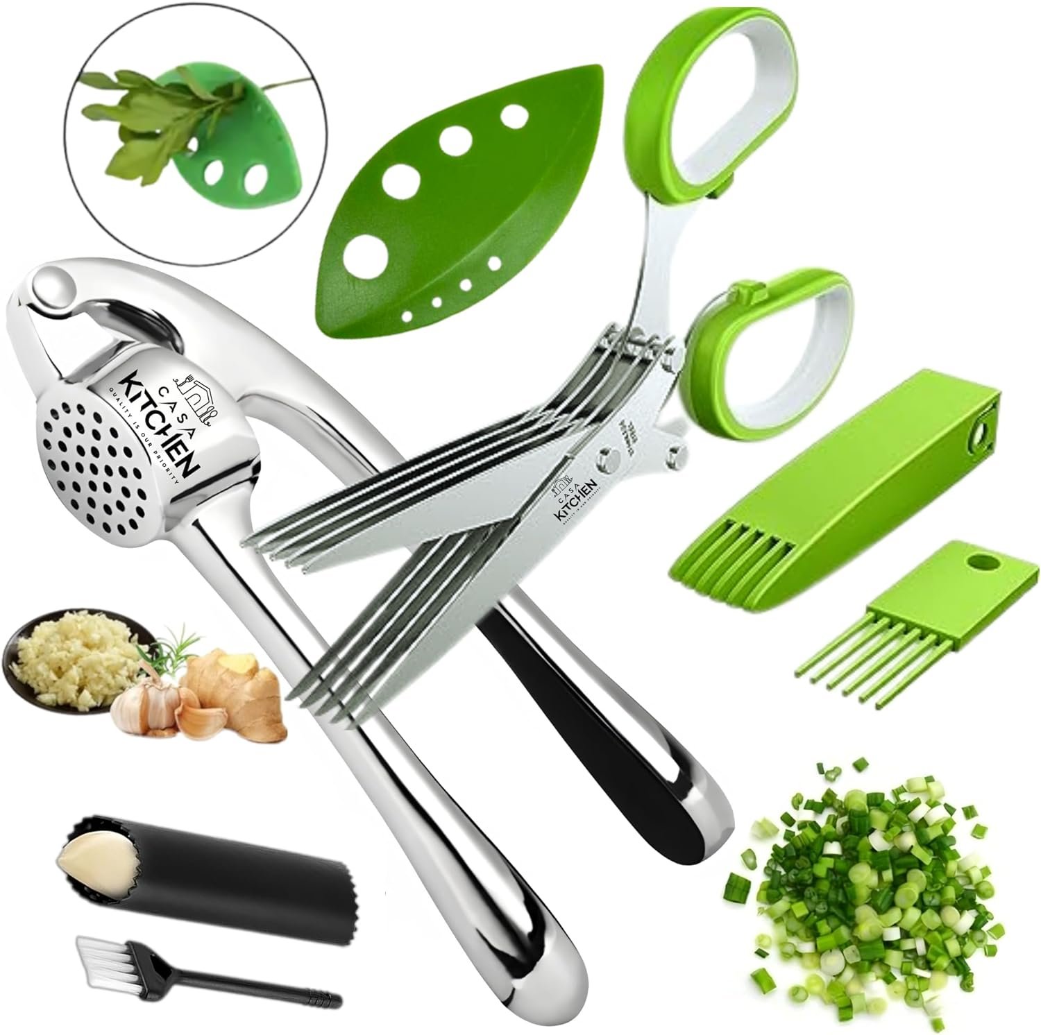 Premium Garlic Press  Herb scissors, Easy to Squeeze Handle - Garlic Presses, Garlic Peeler, Garlic Crusher, Herb Stripper - 7 Pieces Garlic Mincer- Multipurpose Five blade kitchen salad scissors